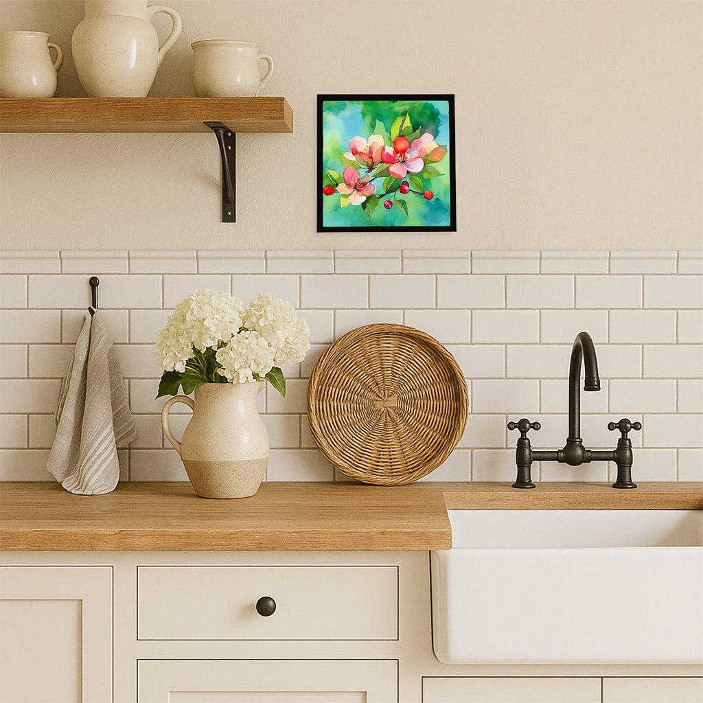Arkansas Apple Blossom in Watercolor Framed Metal Print Bathroom, Kitchen, Office, Home Decor Wall Art Ready to Hang, Square, 8X8