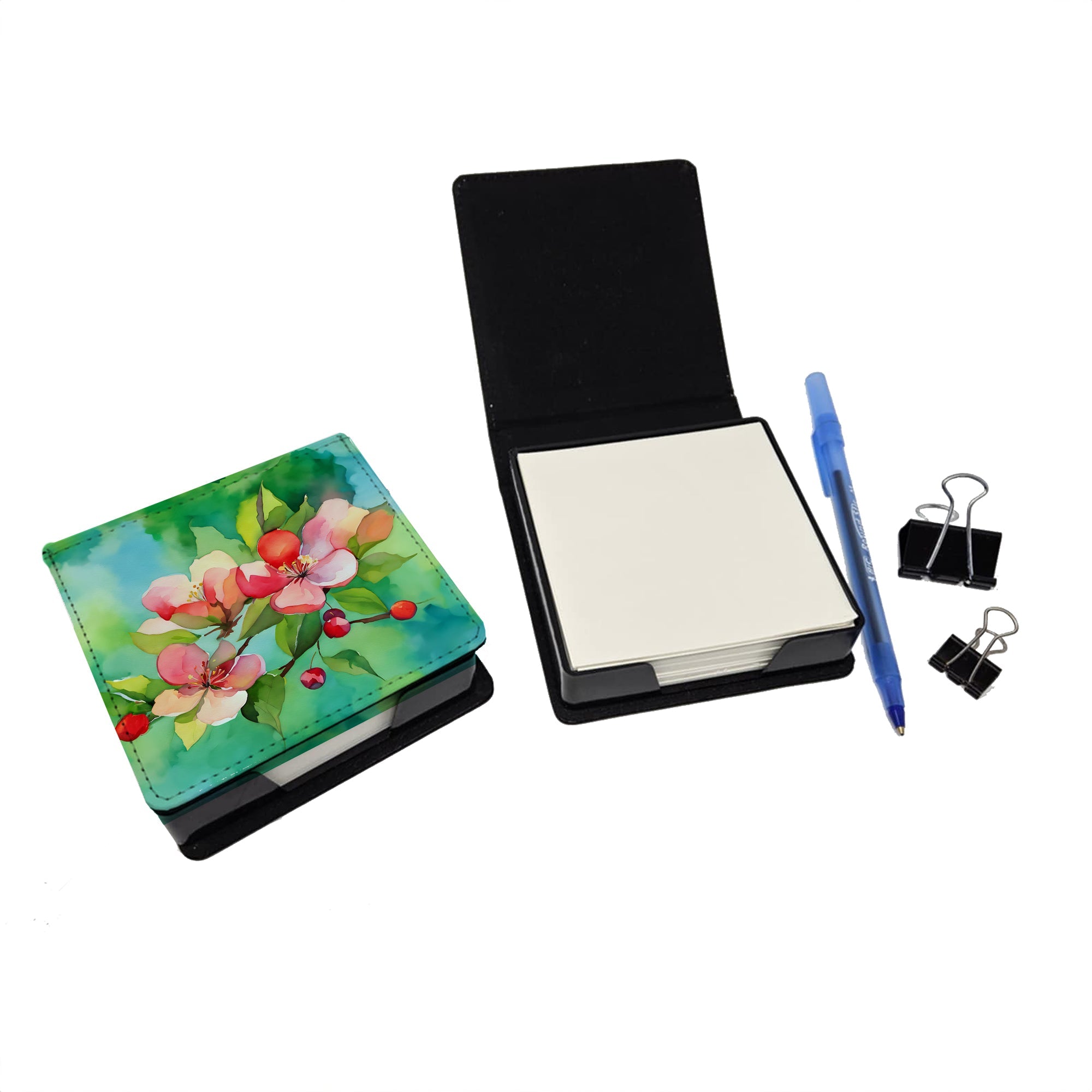 Arkansas Apple Blossom in Watercolor PU Leather Note Paper Holder with Artist-Designed Cover, Desk Accessory, Office Gift