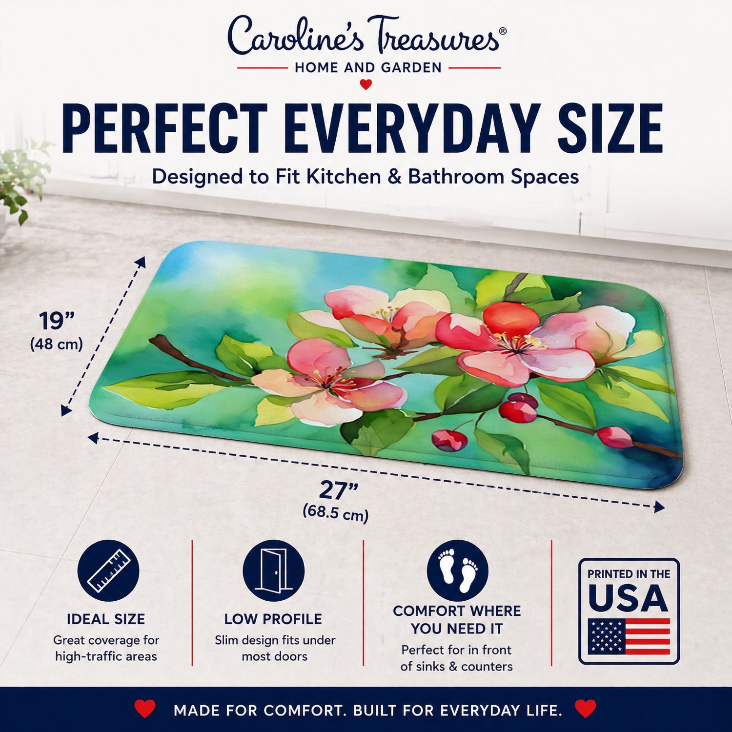 Arkansas Apple Blossom in Watercolor Memory Foam Kitchen Mat Machine Washable Anti-Fatigue Cushion Comfort Bath or Kitchen Rug