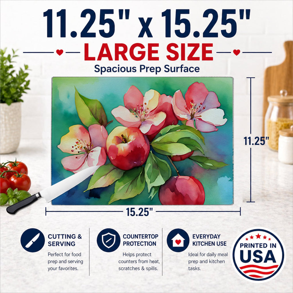 Arkansas Apple Blossom in Watercolor Cutting Board Tempered Glass Kitchen Cutting Surface, Heat Resistant Chopping, Non-Slip Feet, Food Prep & Serving