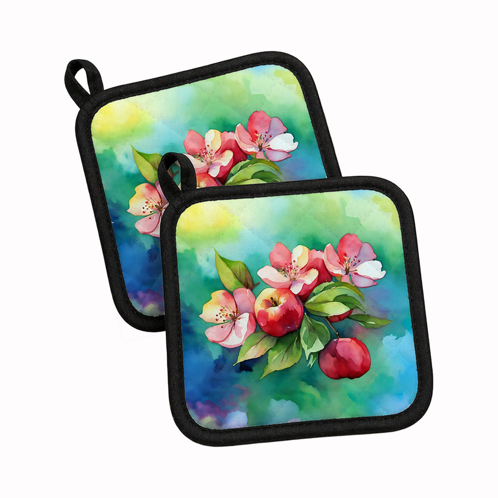Arkansas Apple Blossom in Watercolor Pot Holder Set of 2 Heat Resistant Quilted Hot Pads 7.5 x 7.5 Inch, Insulated Kitchen Trivets for Cooking & Baking