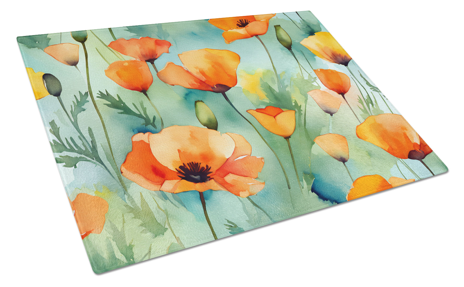 California California Poppies in Watercolor Cutting Board Tempered Glass Kitchen Cutting Surface, Heat Resistant Chopping, Non-Slip Feet, Food Prep & Serving