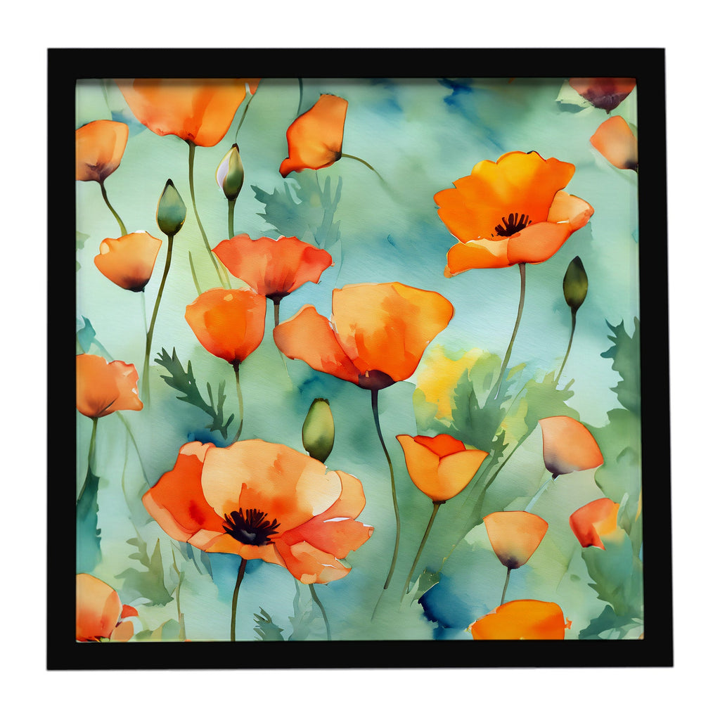 California California Poppies in Watercolor Framed Metal Print Bathroom, Kitchen, Office, Home Decor Wall Art Ready to Hang, Square, 8X8