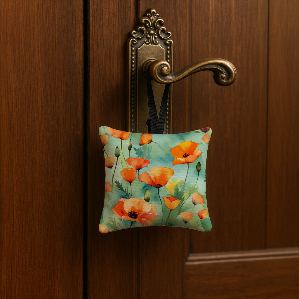 California California Poppies in Watercolor Hanging Square Fabric Ornament 3.5 × 3.5 Decorative Door-Knob & Tree Hanger, Soft Fabric