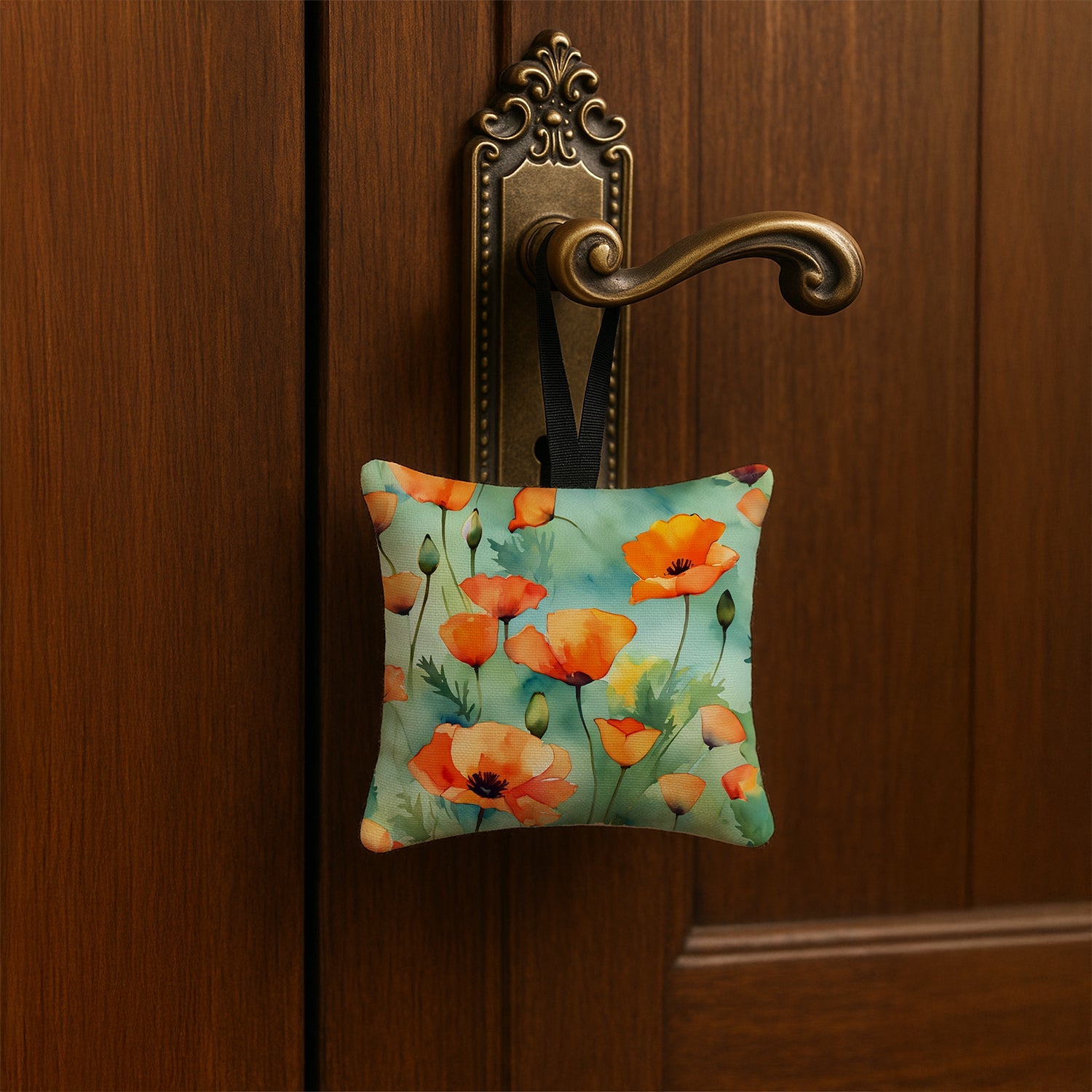 California California Poppies in Watercolor Hanging Square Fabric Ornament 3.5 × 3.5 Decorative Door-Knob & Tree Hanger, Soft Fabric