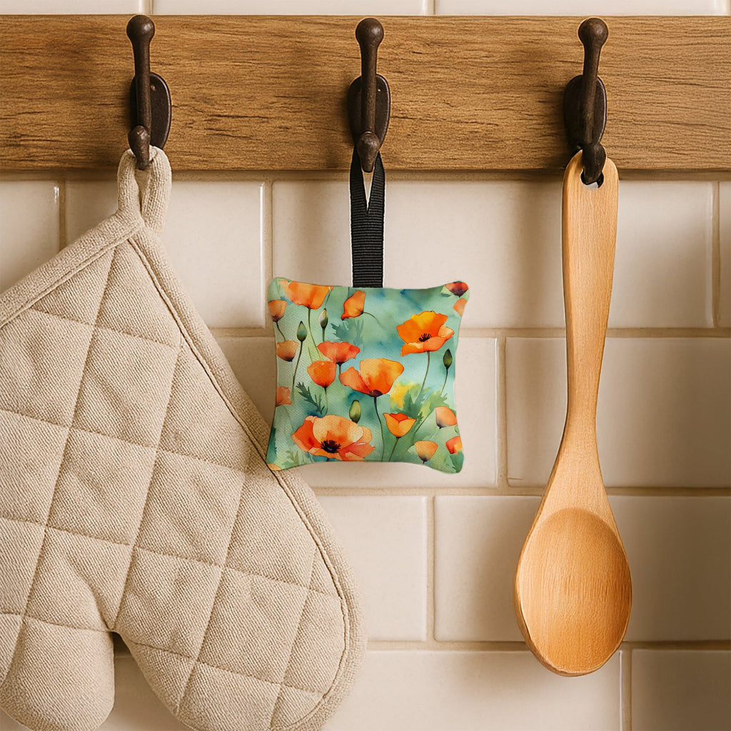 California California Poppies in Watercolor Hanging Square Fabric Ornament 3.5 × 3.5 Decorative Door-Knob & Tree Hanger, Soft Fabric