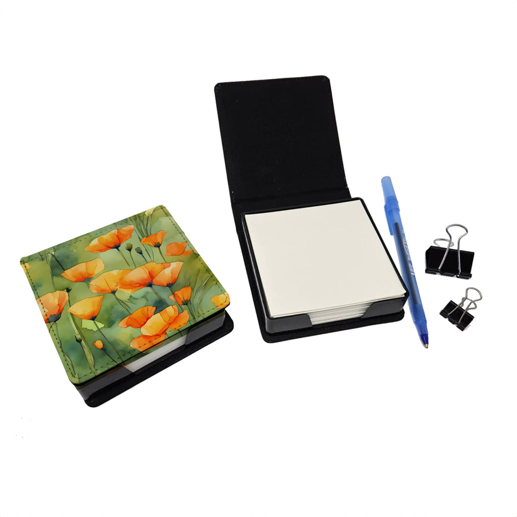 California California Poppies in Watercolor PU Leather Note Paper Holder with Artist-Designed Cover, Desk Accessory, Office Gift