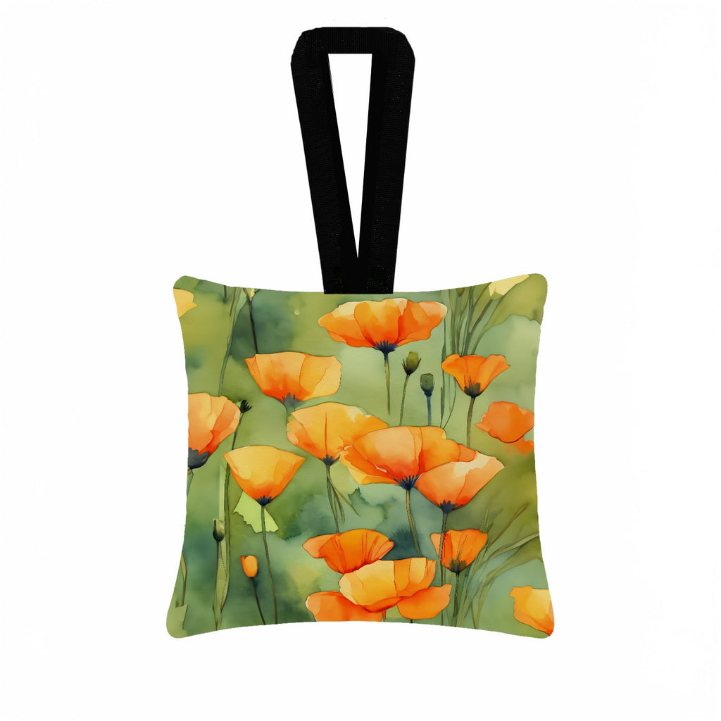 California California Poppies in Watercolor Hanging Square Fabric Ornament 3.5 × 3.5 Decorative Door-Knob & Tree Hanger, Soft Fabric