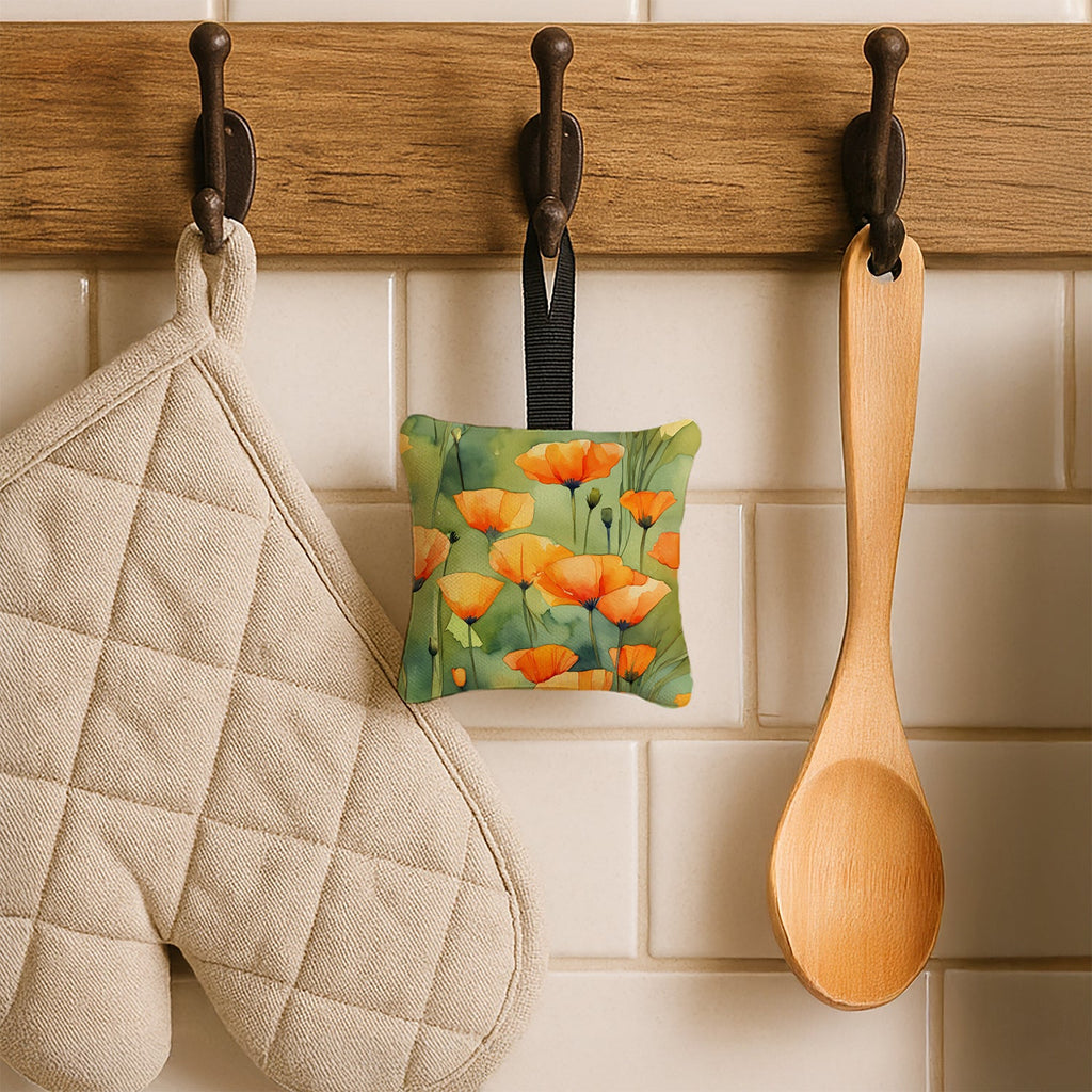 California California Poppies in Watercolor Hanging Square Fabric Ornament 3.5 × 3.5 Decorative Door-Knob & Tree Hanger, Soft Fabric