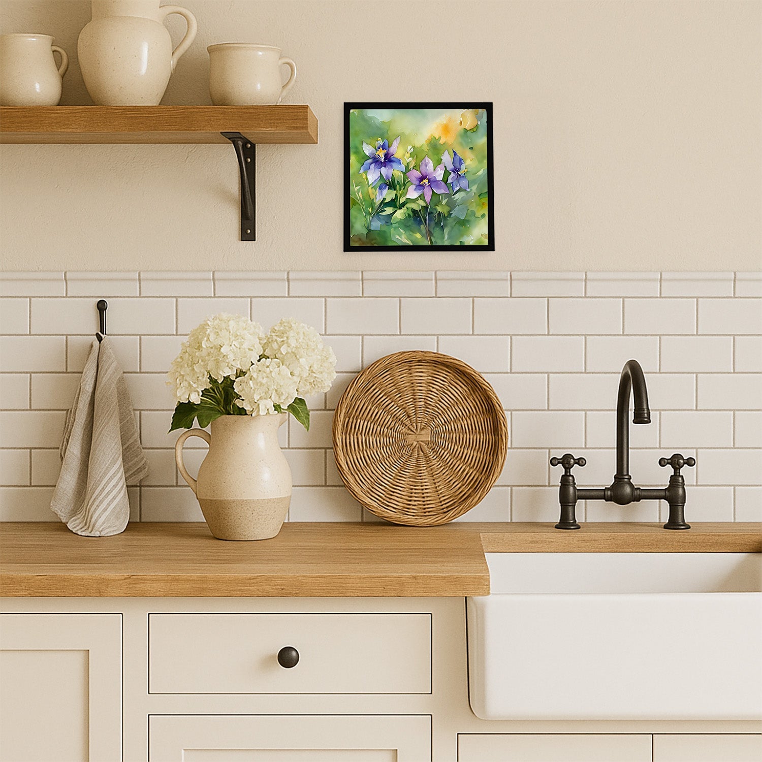 Colorado Rocky Mountain Columbine in Watercolor Framed Metal Print Bathroom, Kitchen, Office, Home Decor Wall Art Ready to Hang, Square, 8X8