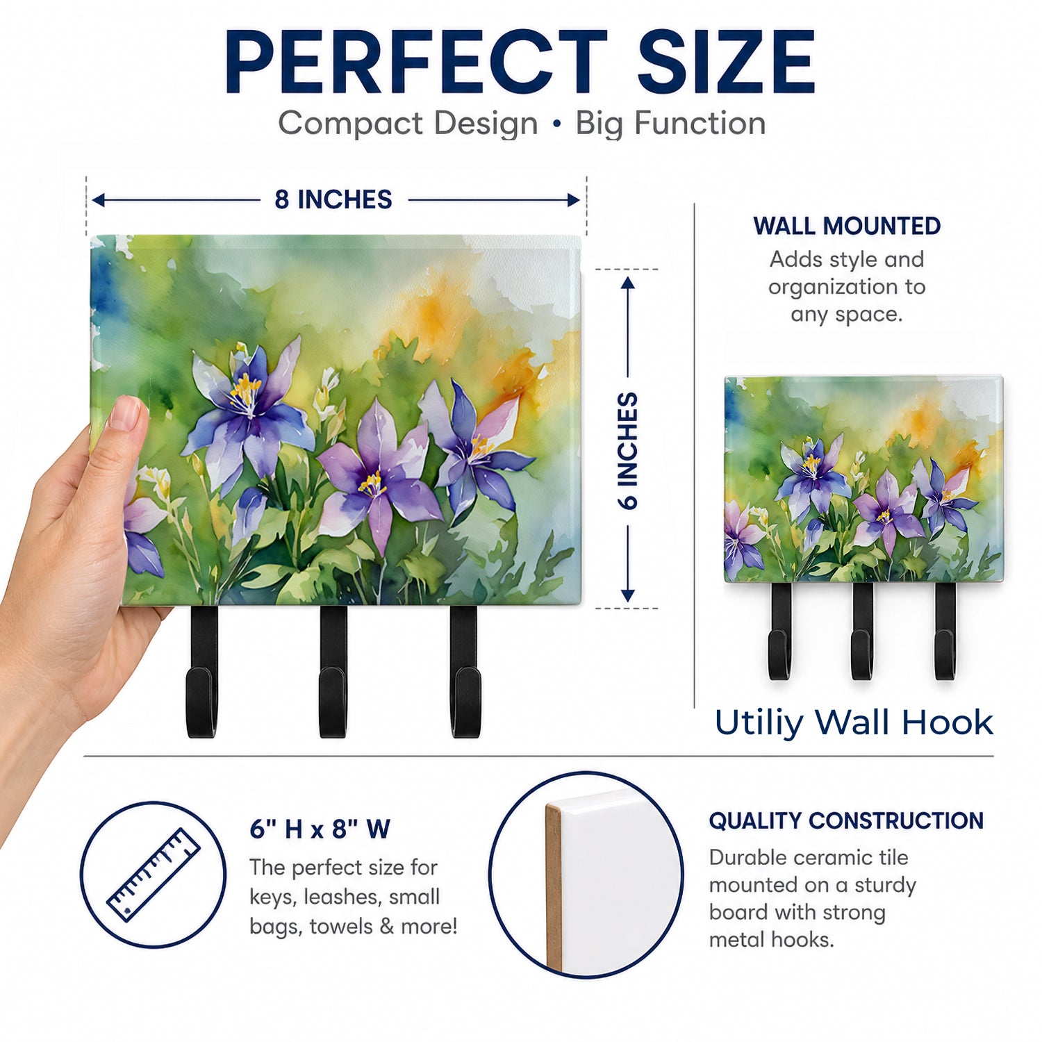 Colorado Rocky Mountain Columbine in Watercolor Leash or Key Holder Wall Hooks, Coat Rack Wall Mount, for Hanging Keys, Towels, Aprons, Leashes