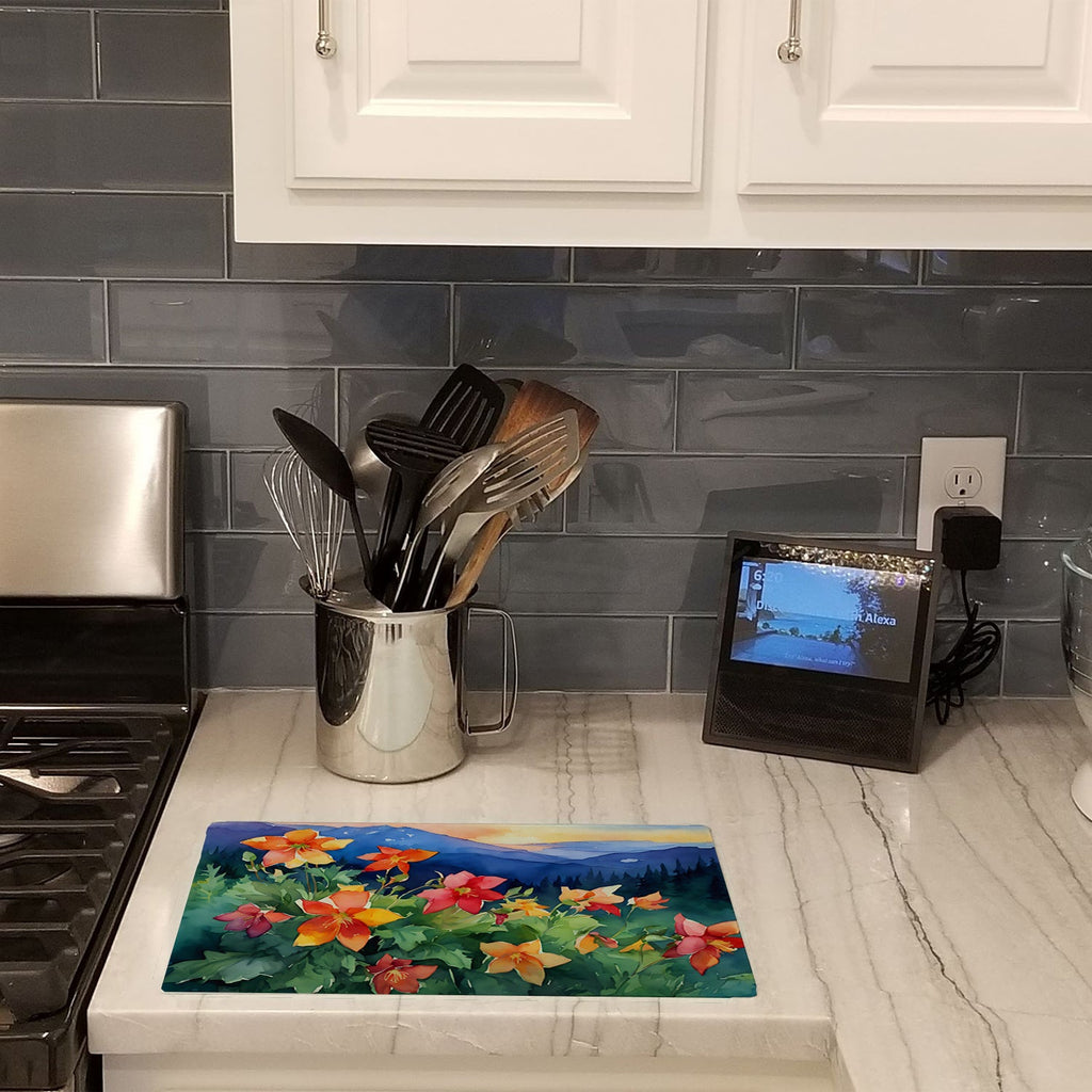 Colorado Rocky Mountain Columbine in Watercolor Cutting Board Tempered Glass Kitchen Cutting Surface, Heat Resistant Chopping, Non-Slip Feet, Food Prep & Serving