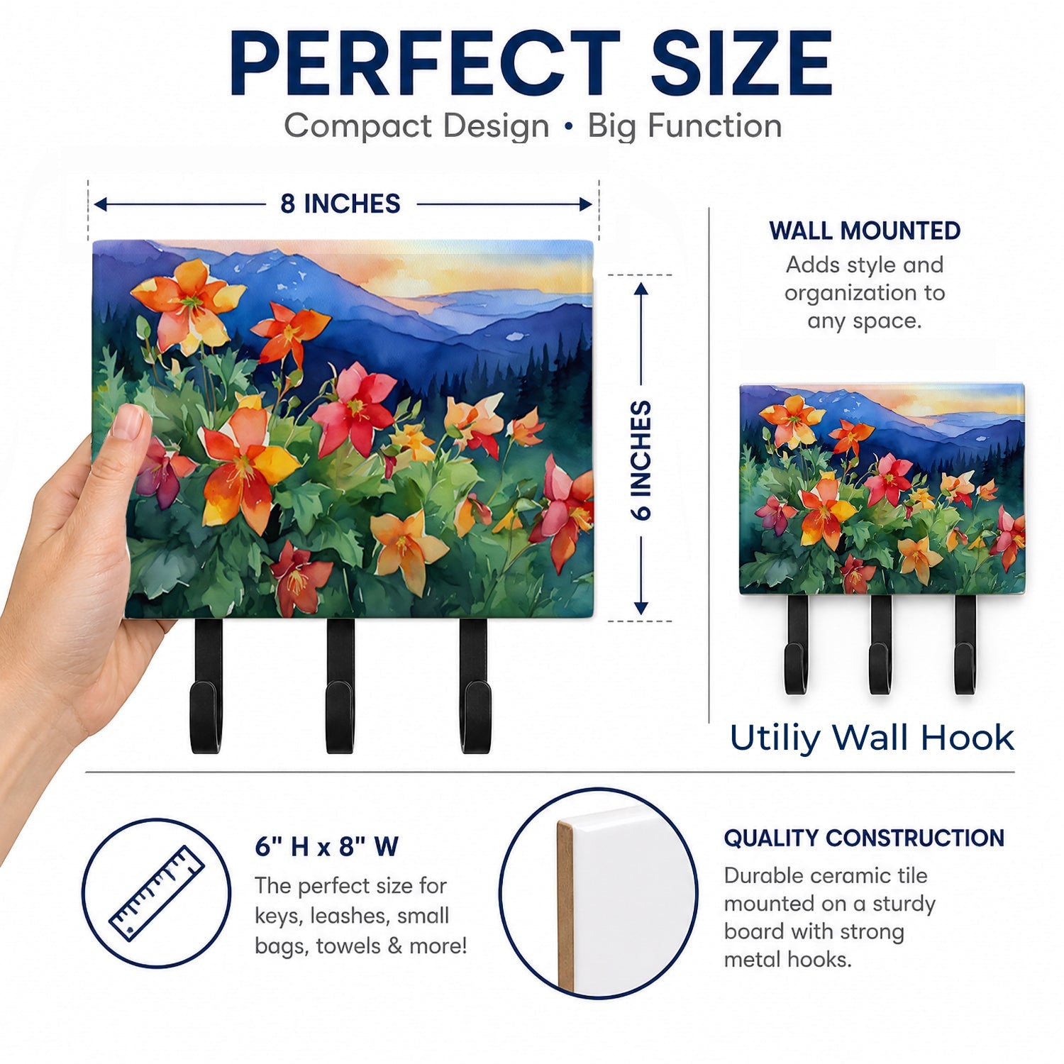 Colorado Rocky Mountain Columbine in Watercolor Leash or Key Holder Wall Hooks, Coat Rack Wall Mount, for Hanging Keys, Towels, Aprons, Leashes