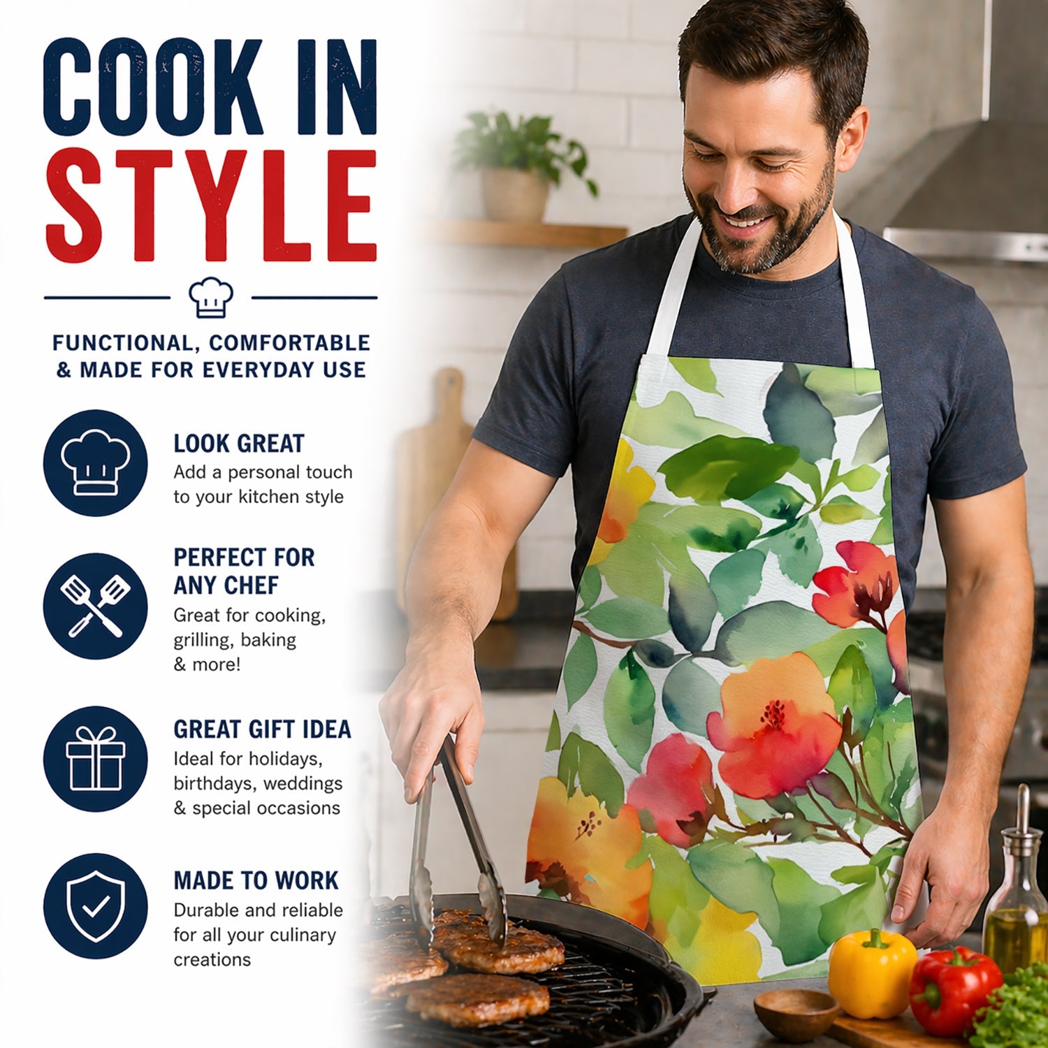 Connecticut Mountain Laurels in Watercolor Apron Cooking Kitchen Server Baking Crafts Gardening for Adult Women Men, Unisex, Large, Multicolor