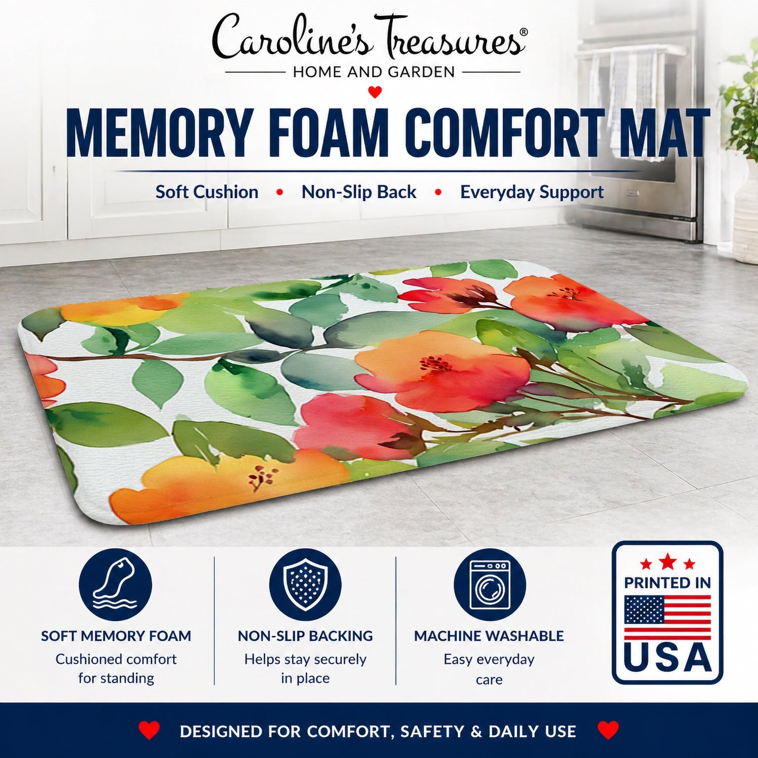 Connecticut Mountain Laurels in Watercolor Memory Foam Kitchen Mat Machine Washable Anti-Fatigue Cushion Comfort Bath or Kitchen Rug
