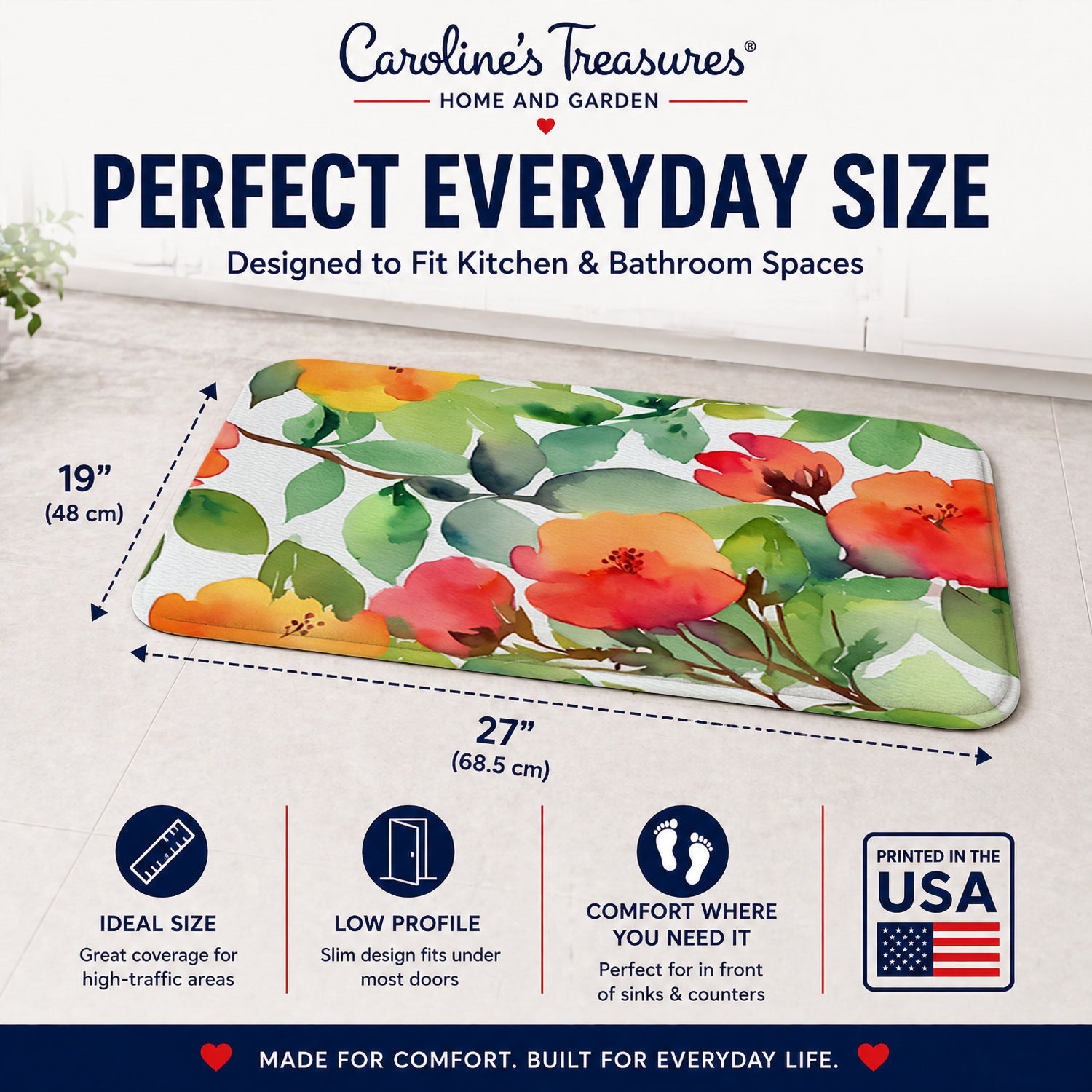 Connecticut Mountain Laurels in Watercolor Memory Foam Kitchen Mat Machine Washable Anti-Fatigue Cushion Comfort Bath or Kitchen Rug