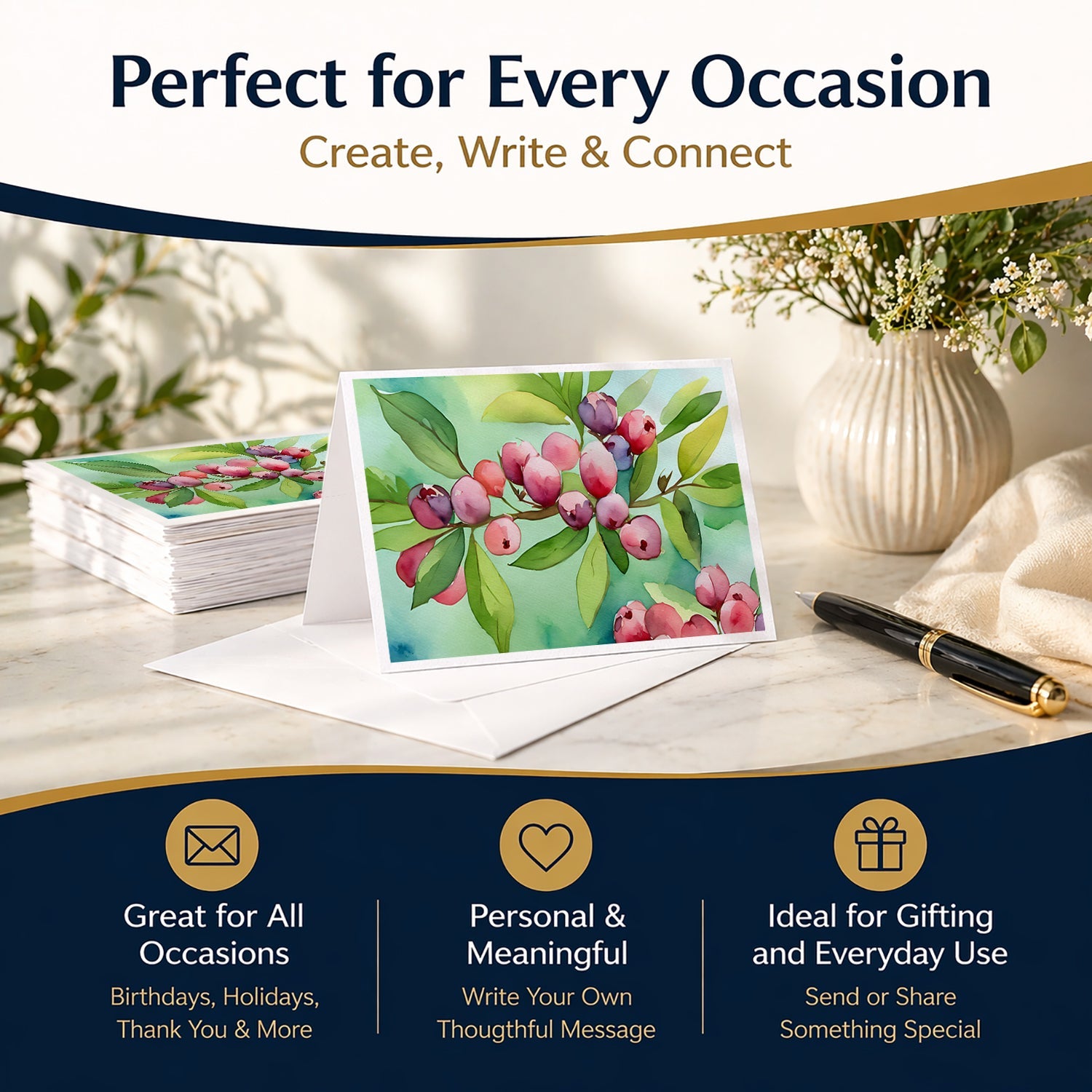 Connecticut Mountain Laurels in Watercolor Greeting Cards Pack of 8 Blank Cards with Envelopes Whimsical A7 Size 5x7