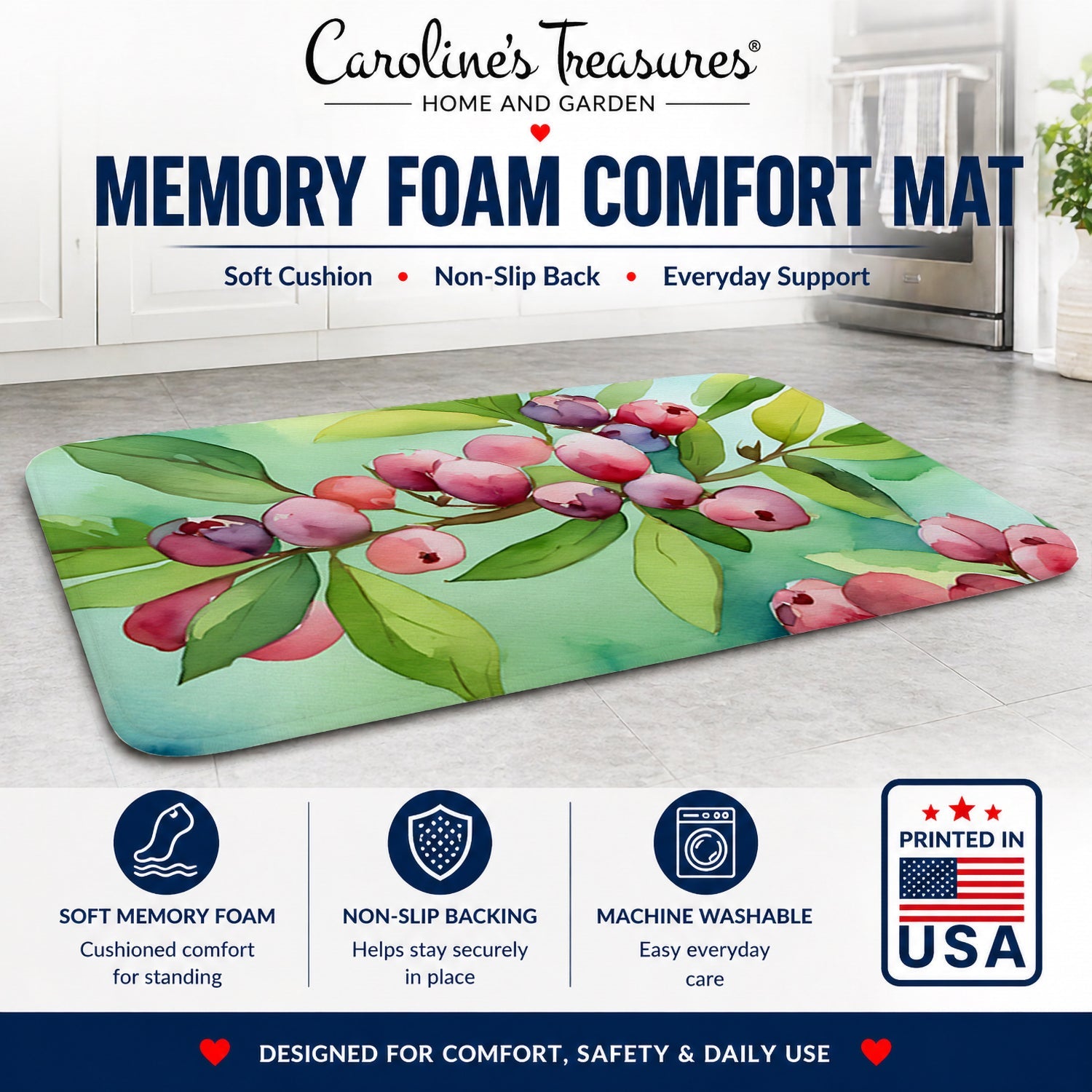Connecticut Mountain Laurels in Watercolor Memory Foam Kitchen Mat Machine Washable Anti-Fatigue Cushion Comfort Bath or Kitchen Rug
