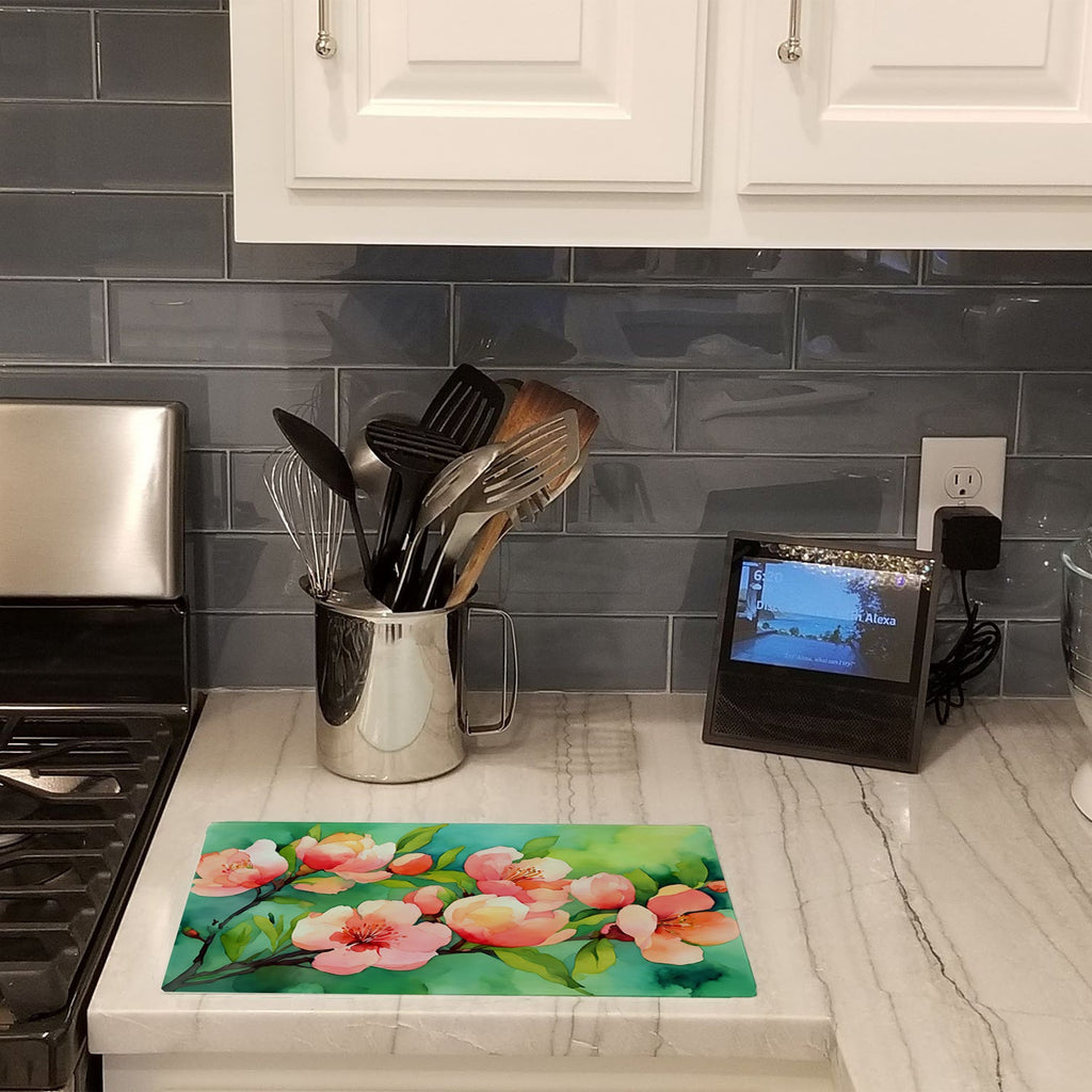 Delaware Peach Blossom in Watercolor Cutting Board Tempered Glass Kitchen Cutting Surface, Heat Resistant Chopping, Non-Slip Feet, Food Prep & Serving