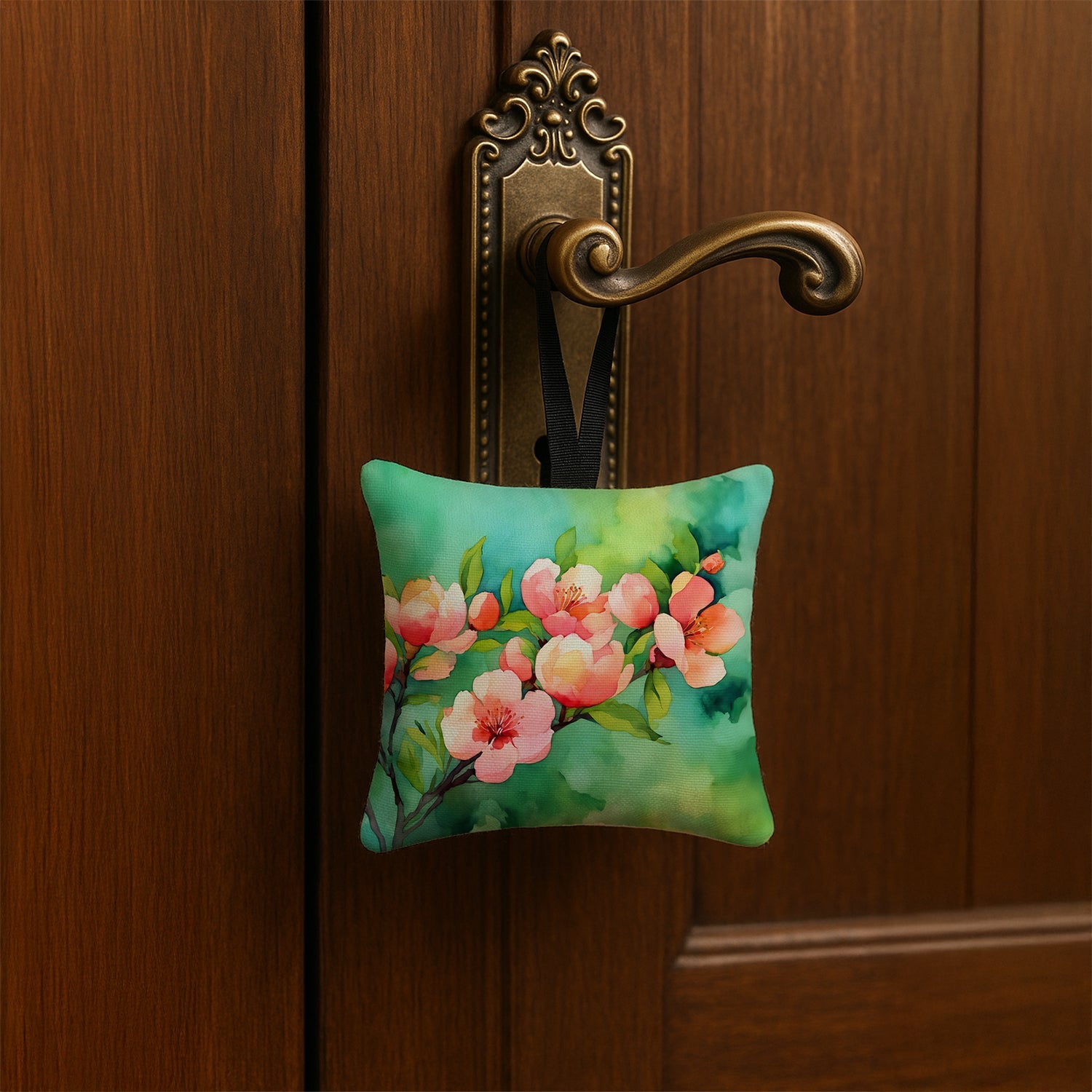 Delaware Peach Blossom in Watercolor Hanging Square Fabric Ornament 3.5 × 3.5 Decorative Door-Knob & Tree Hanger, Soft Fabric