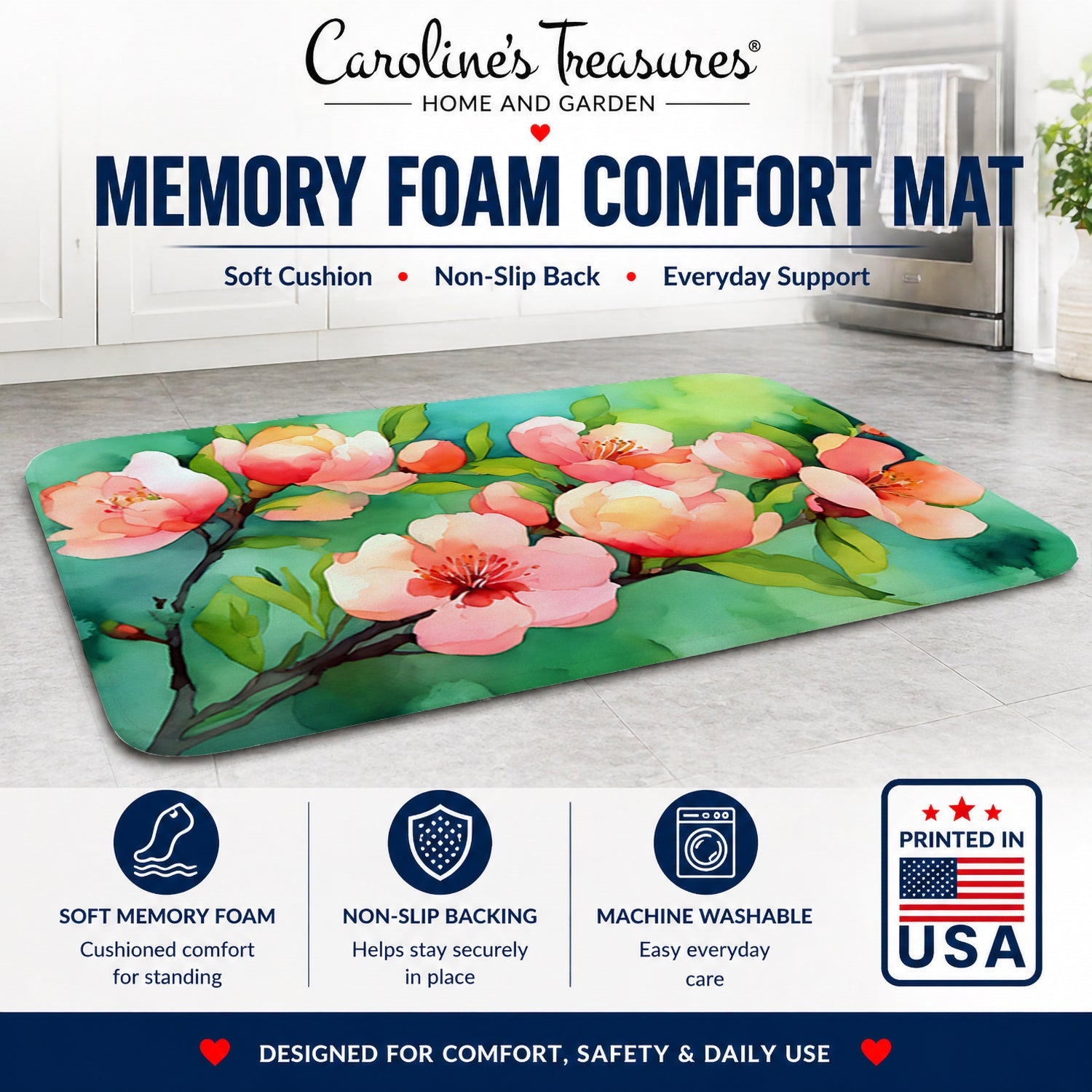 Delaware Peach Blossom in Watercolor Memory Foam Kitchen Mat Machine Washable Anti-Fatigue Cushion Comfort Bath or Kitchen Rug