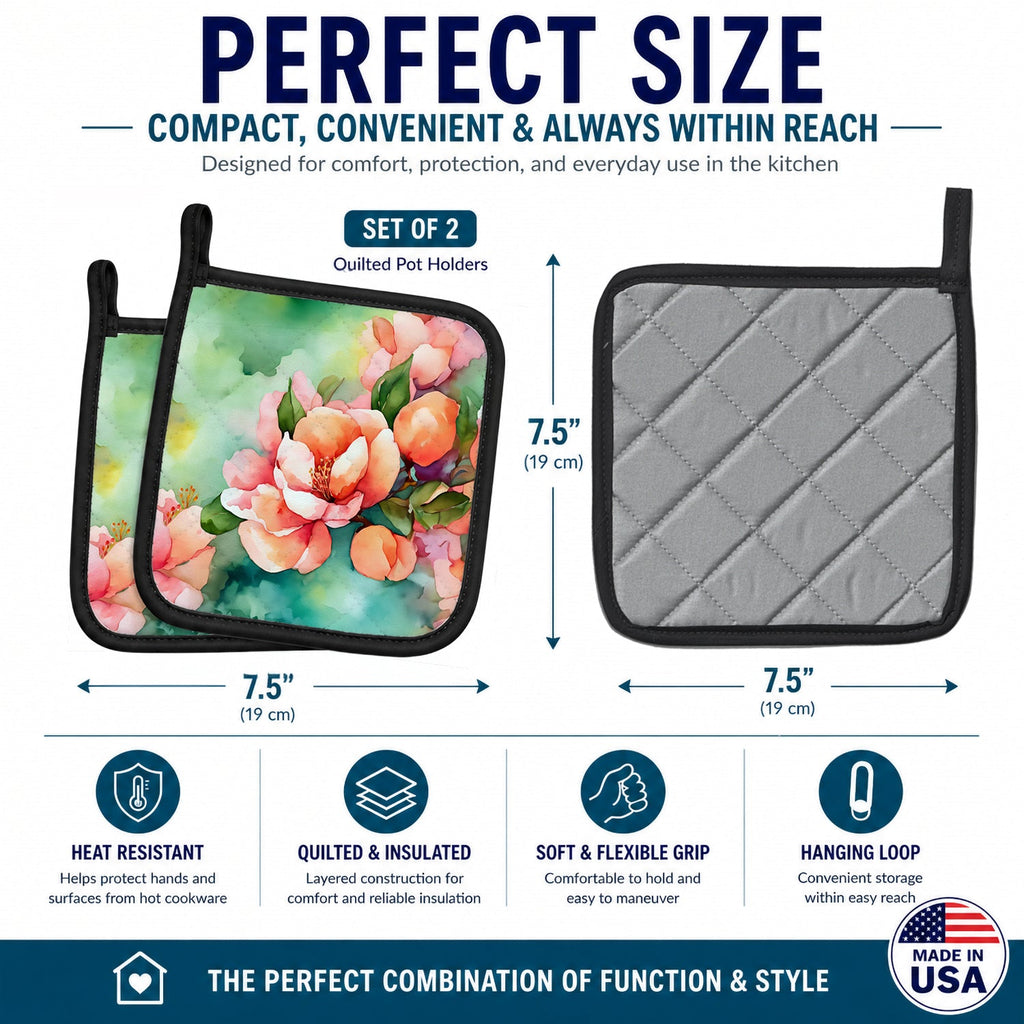 Delaware Peach Blossom in Watercolor Pot Holder Set of 2 Heat Resistant Quilted Hot Pads 7.5 x 7.5 Inch, Insulated Kitchen Trivets for Cooking & Baking