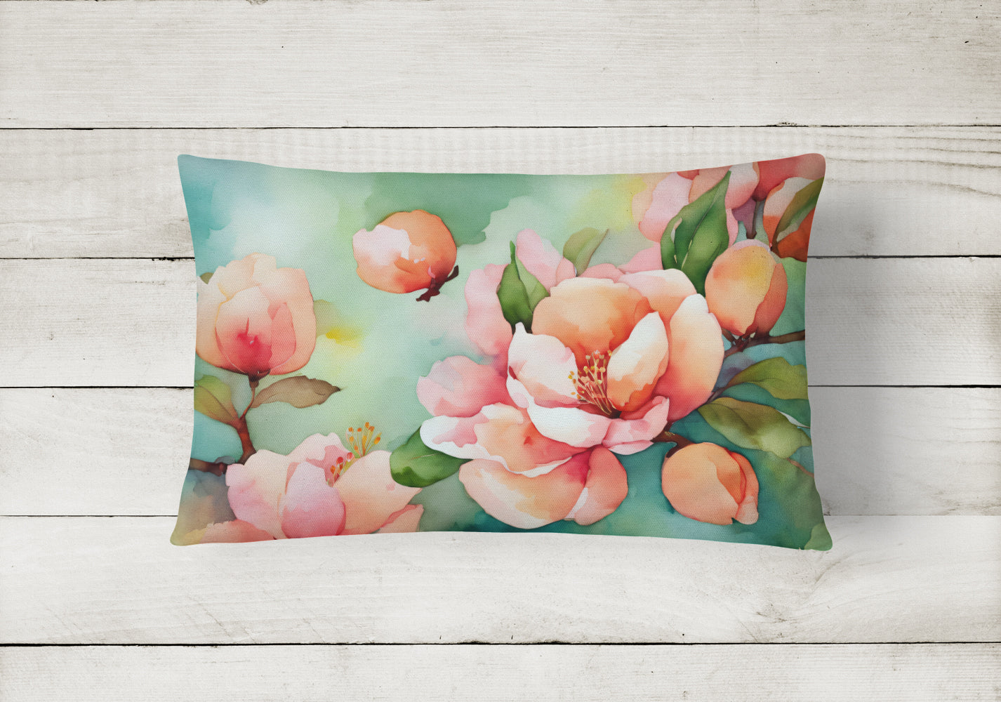 Delaware Peach Blossom in Watercolor Decorative Throw Pillow 12x16 Indoor Outdoor Accent Cushion, Fabric Cover with Insert for Sofa, Bed, Porch & Living Room