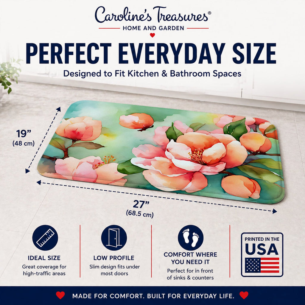 Delaware Peach Blossom in Watercolor Memory Foam Kitchen Mat Machine Washable Anti-Fatigue Cushion Comfort Bath or Kitchen Rug