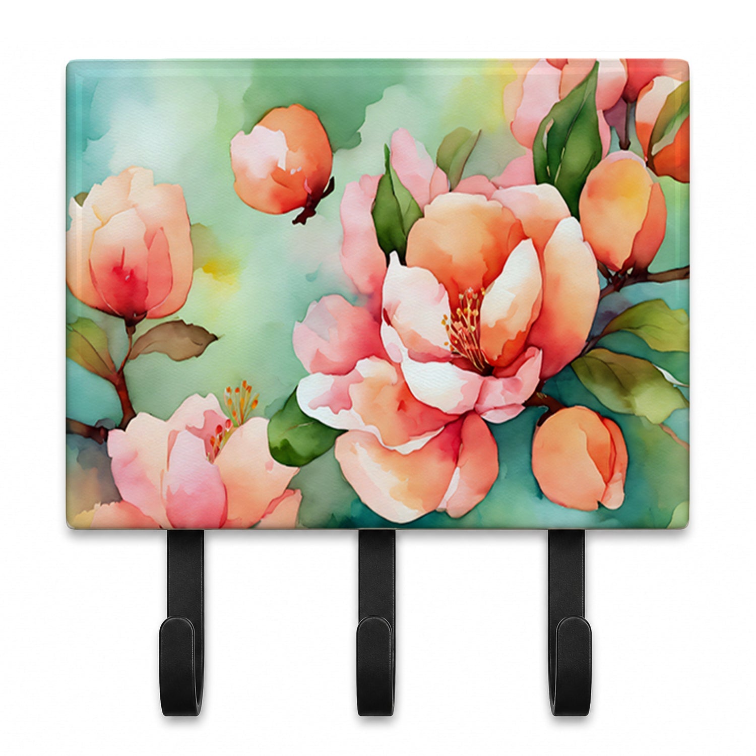 Delaware Peach Blossom in Watercolor Leash or Key Holder Wall Hooks, Coat Rack Wall Mount, for Hanging Keys, Towels, Aprons, Leashes