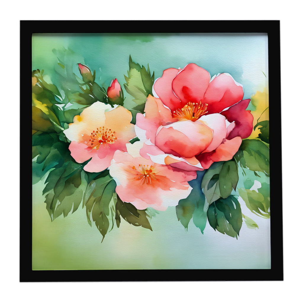 Georgia Cherokee Rose in Watercolor Framed Metal Print Bathroom, Kitchen, Office, Home Decor Wall Art Ready to Hang, Square, 8X8