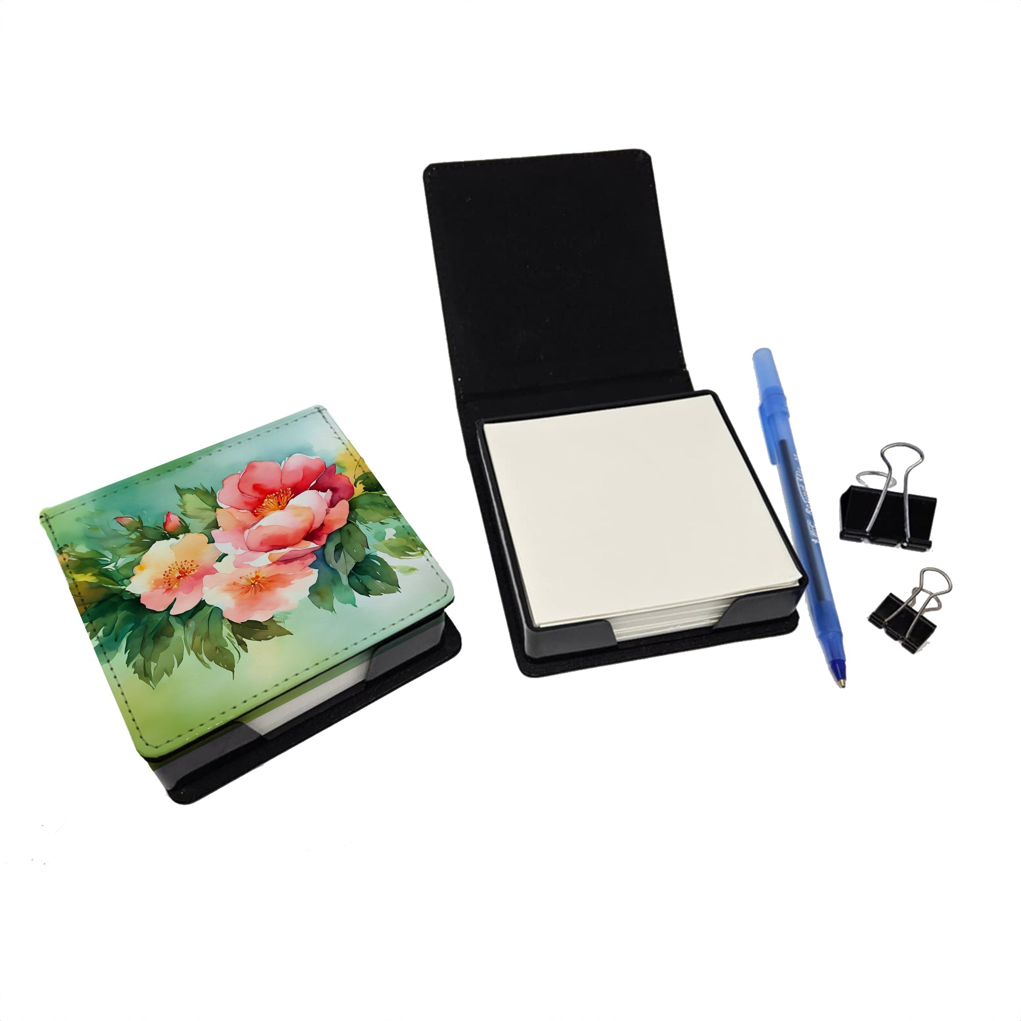 Georgia Cherokee Rose in Watercolor PU Leather Note Paper Holder with Artist-Designed Cover, Desk Accessory, Office Gift