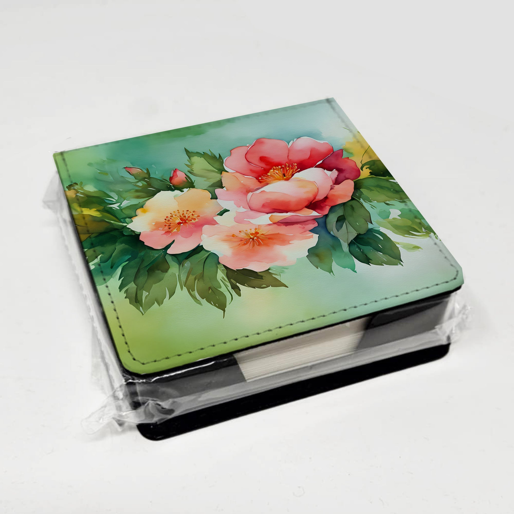 Georgia Cherokee Rose in Watercolor PU Leather Note Paper Holder with Artist-Designed Cover, Desk Accessory, Office Gift