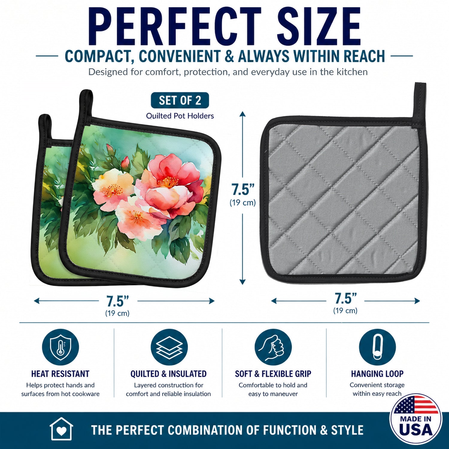 Georgia Cherokee Rose in Watercolor Pot Holder Set of 2 Heat Resistant Quilted Hot Pads 7.5 x 7.5 Inch, Insulated Kitchen Trivets for Cooking & Baking