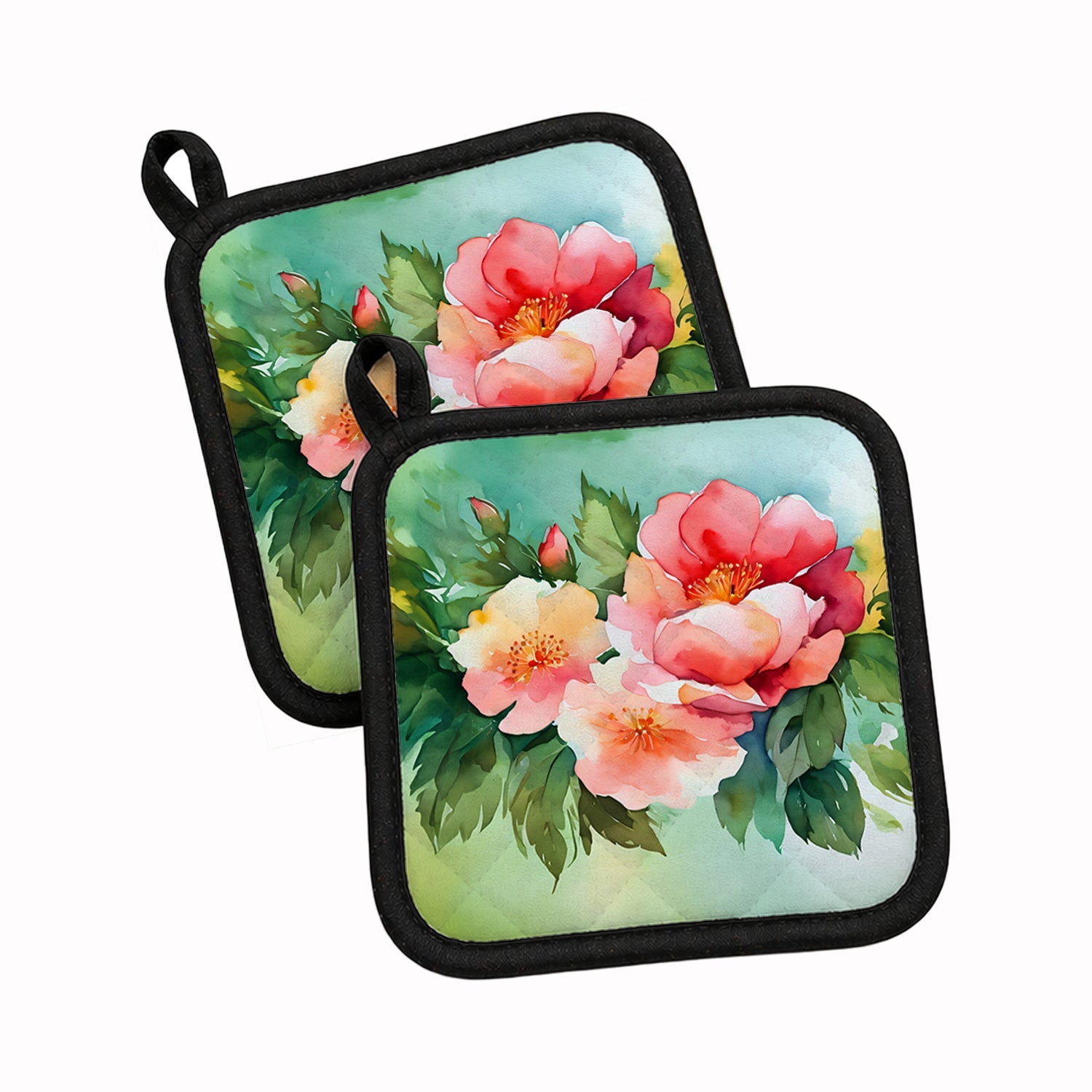 Georgia Cherokee Rose in Watercolor Pot Holder Set of 2 Heat Resistant Quilted Hot Pads 7.5 x 7.5 Inch, Insulated Kitchen Trivets for Cooking & Baking