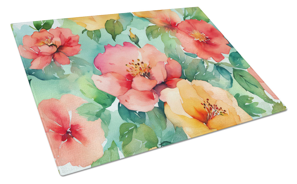 Georgia Cherokee Rose in Watercolor Cutting Board Tempered Glass Kitchen Cutting Surface, Heat Resistant Chopping, Non-Slip Feet, Food Prep & Serving