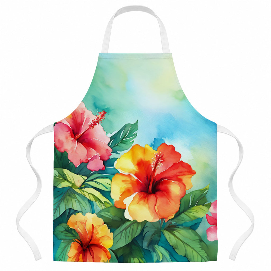 Hawaii Hawaiian Hibiscus in Watercolor Apron Cooking Kitchen Server Baking Crafts Gardening for Adult Women Men, Unisex, Large, Multicolor