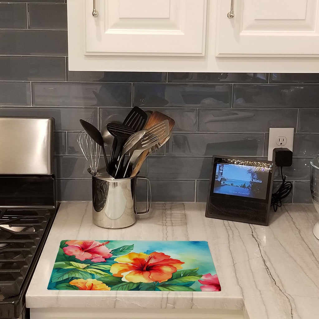 Hawaii Hawaiian Hibiscus in Watercolor Cutting Board Tempered Glass Kitchen Cutting Surface, Heat Resistant Chopping, Non-Slip Feet, Food Prep & Serving