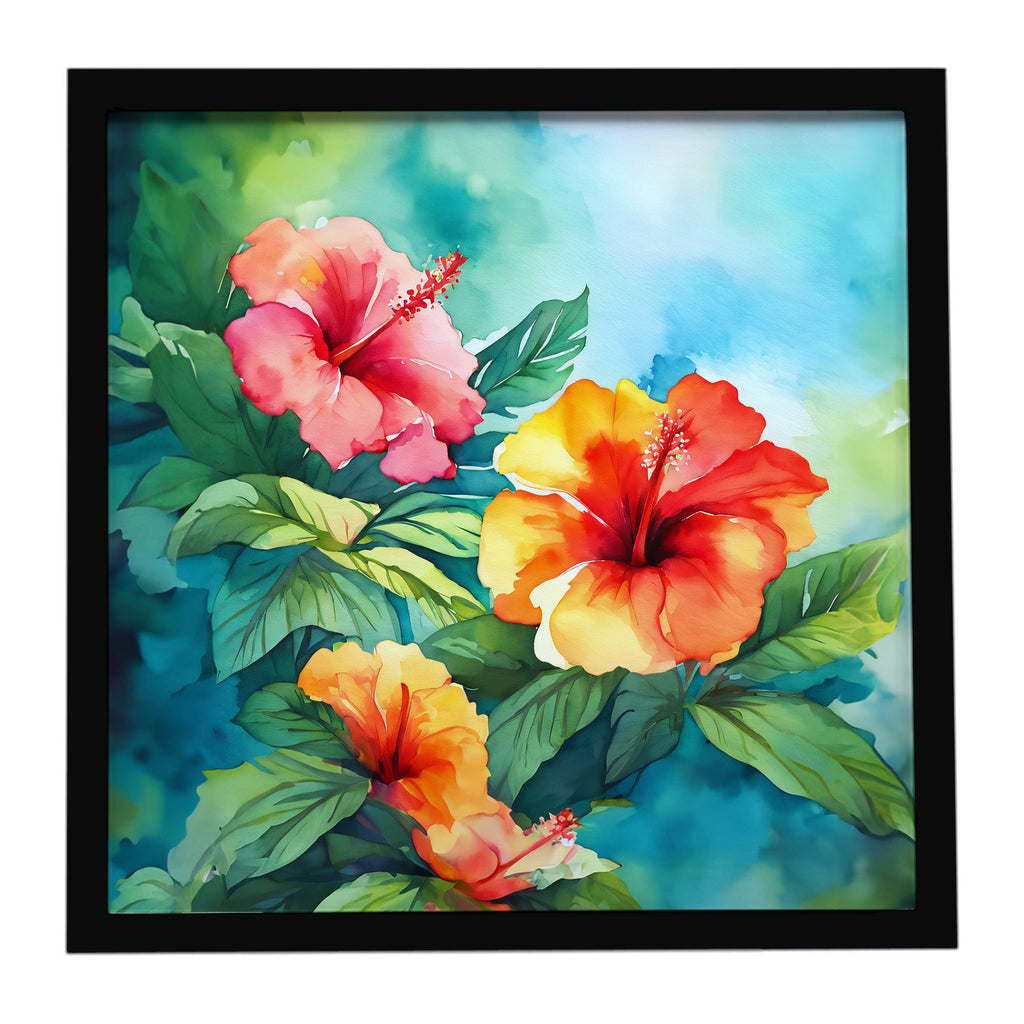 Hawaii Hawaiian Hibiscus in Watercolor Framed Metal Print Bathroom, Kitchen, Office, Home Decor Wall Art Ready to Hang, Square, 8X8