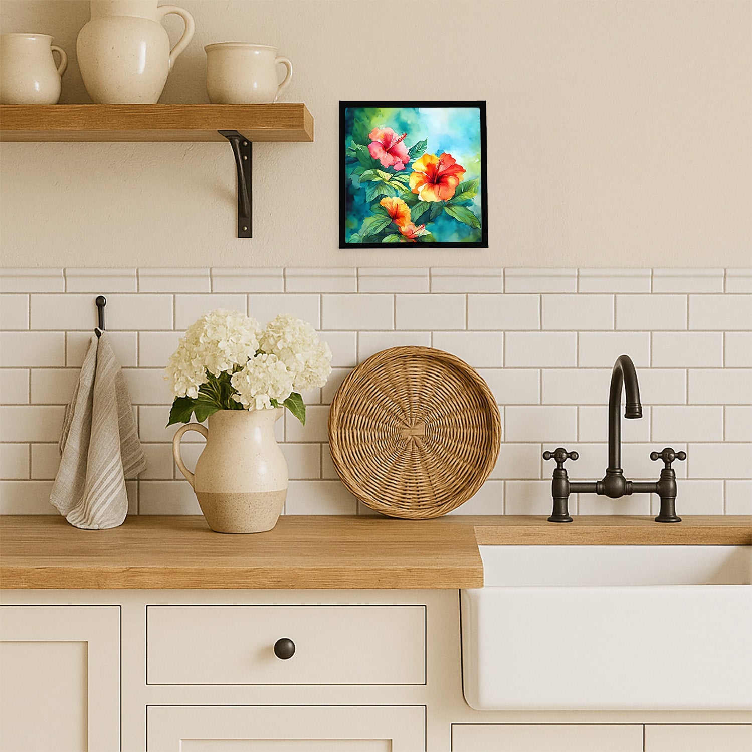 Hawaii Hawaiian Hibiscus in Watercolor Framed Metal Print Bathroom, Kitchen, Office, Home Decor Wall Art Ready to Hang, Square, 8X8