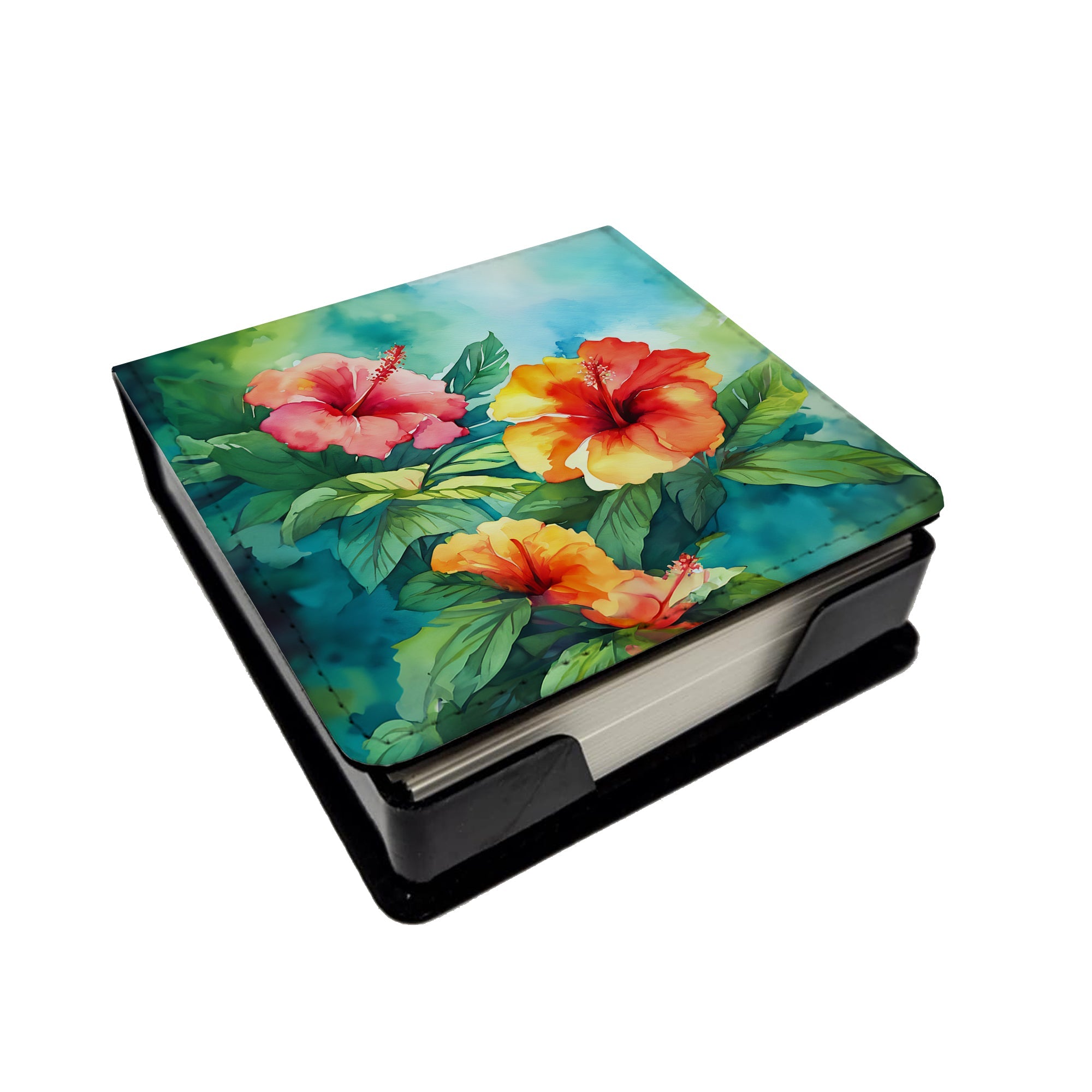 Hawaii Hawaiian Hibiscus in Watercolor PU Leather Note Paper Holder with Artist-Designed Cover, Desk Accessory, Office Gift