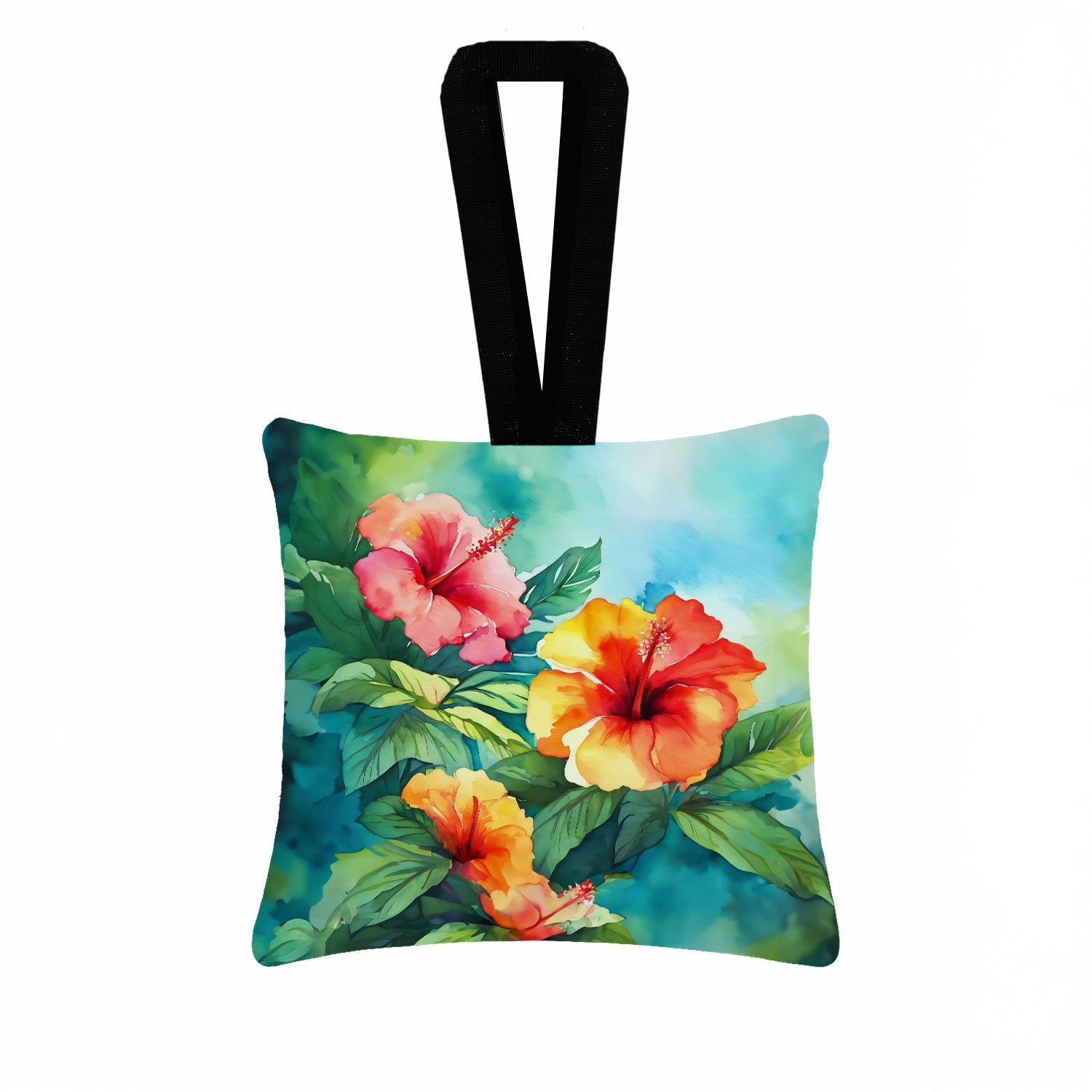 Hawaii Hawaiian Hibiscus in Watercolor Hanging Square Fabric Ornament 3.5 × 3.5 Decorative Door-Knob & Tree Hanger, Soft Fabric