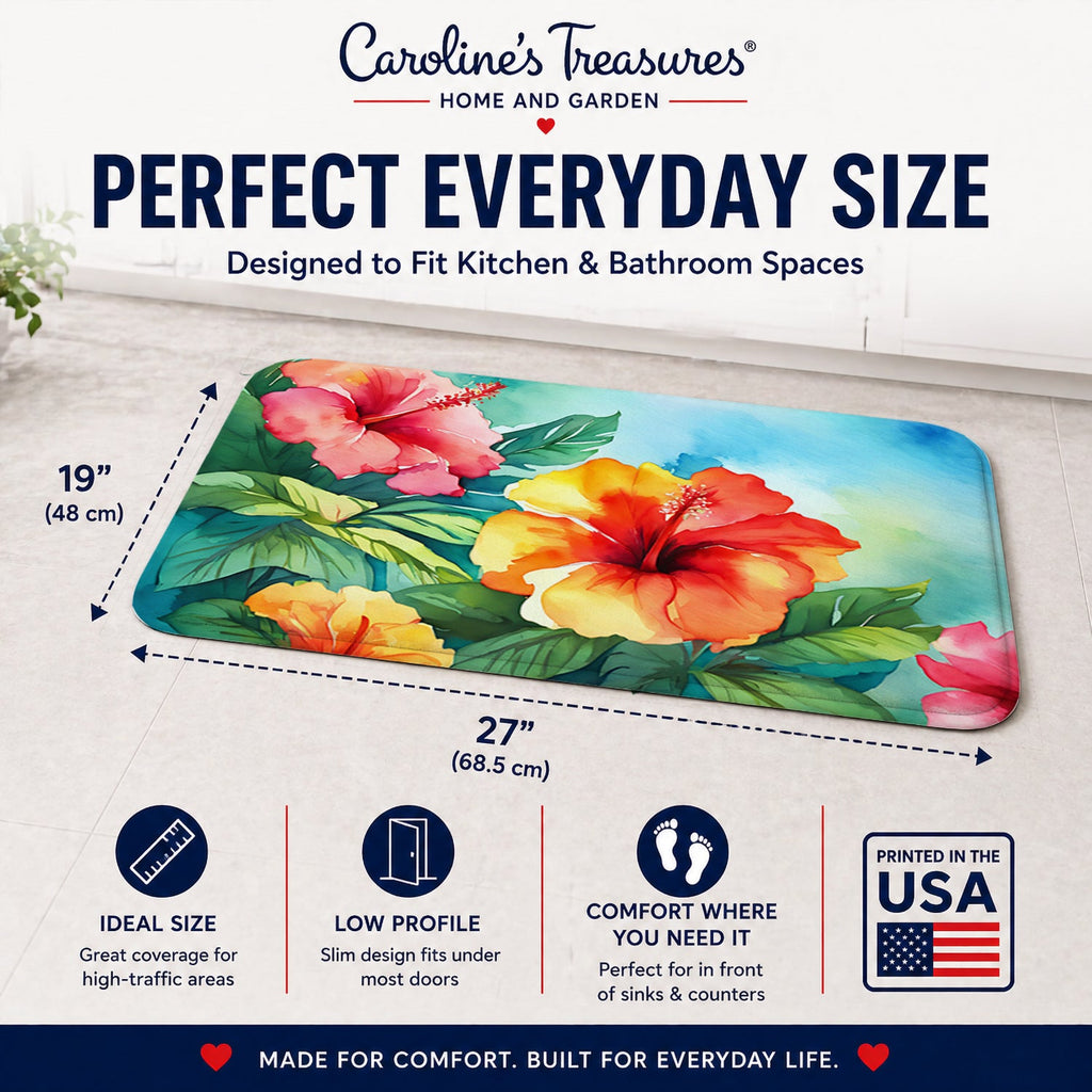 Hawaii Hawaiian Hibiscus in Watercolor Memory Foam Kitchen Mat Machine Washable Anti-Fatigue Cushion Comfort Bath or Kitchen Rug