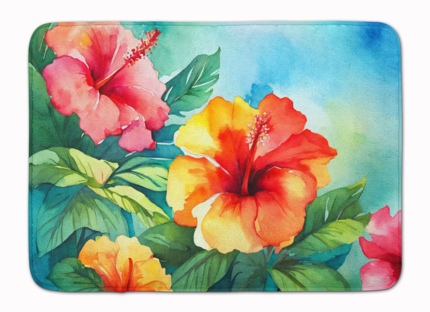 Hawaii Hawaiian Hibiscus in Watercolor Memory Foam Kitchen Mat Machine Washable Anti-Fatigue Cushion Comfort Bath or Kitchen Rug