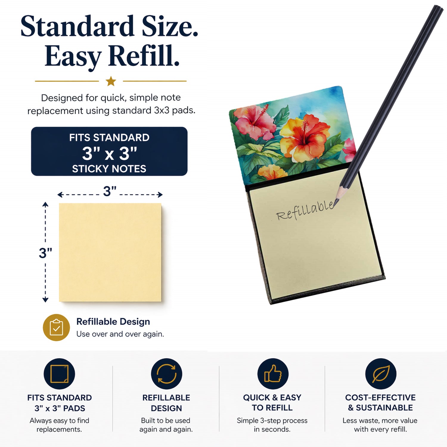 Hawaii Hawaiian Hibiscus in Watercolor Watercolor Sticky Note Holder Refillable Dispenser Desk Accessory 3x3 Pad Gift