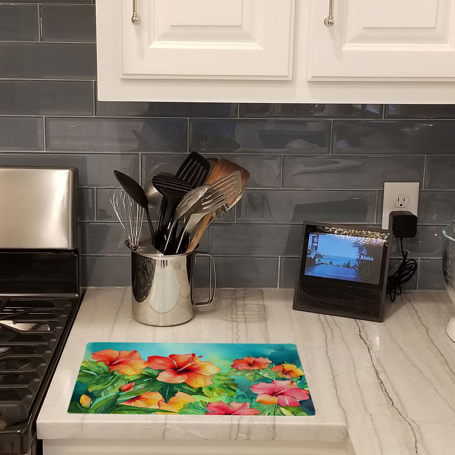 Hawaii Hawaiian Hibiscus in Watercolor Cutting Board Tempered Glass Kitchen Cutting Surface, Heat Resistant Chopping, Non-Slip Feet, Food Prep & Serving