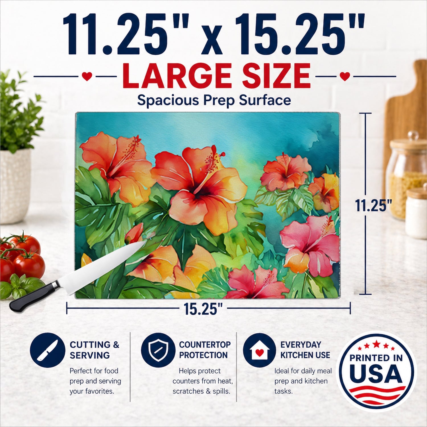 Hawaii Hawaiian Hibiscus in Watercolor Cutting Board Tempered Glass Kitchen Cutting Surface, Heat Resistant Chopping, Non-Slip Feet, Food Prep & Serving