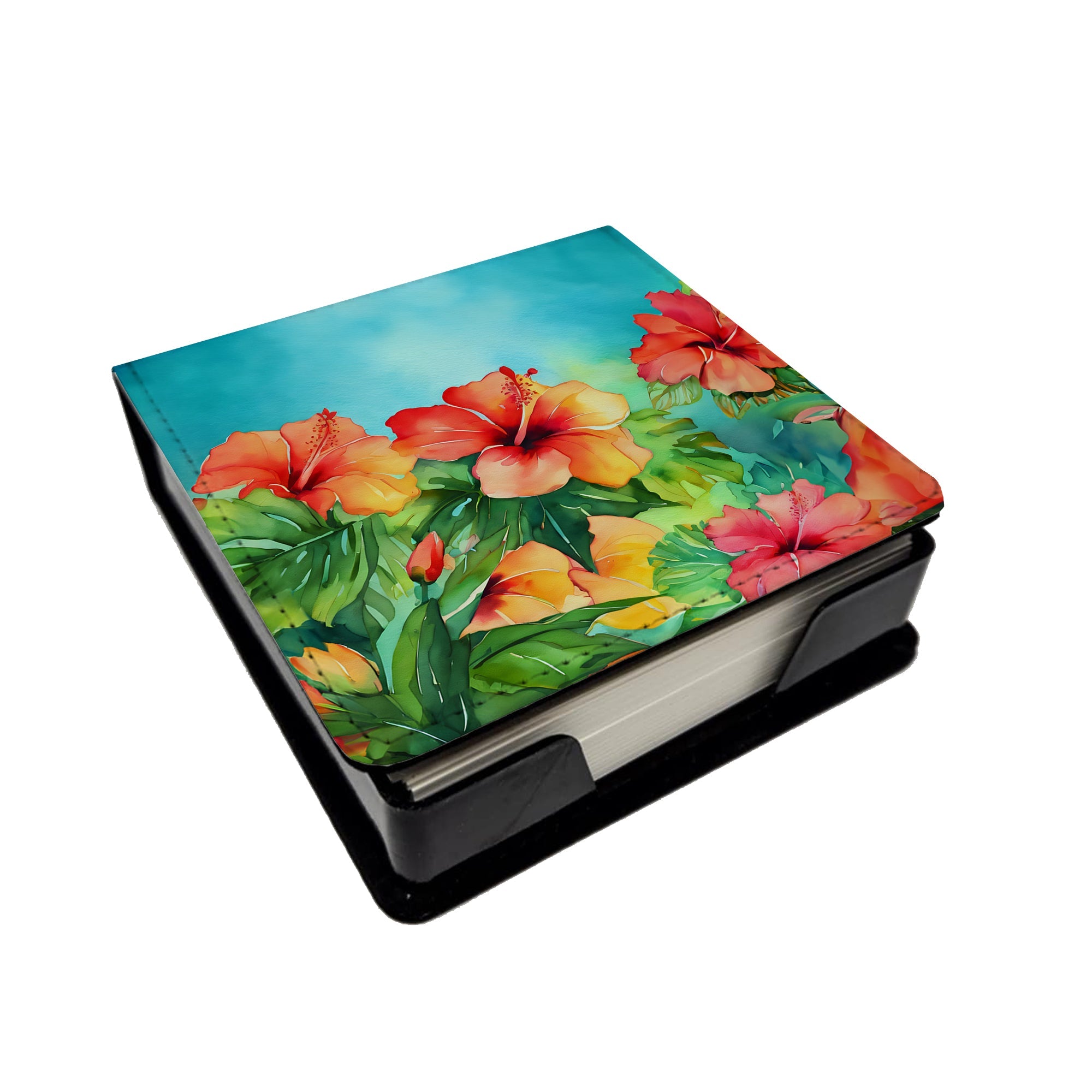 Hawaii Hawaiian Hibiscus in Watercolor PU Leather Note Paper Holder with Artist-Designed Cover, Desk Accessory, Office Gift