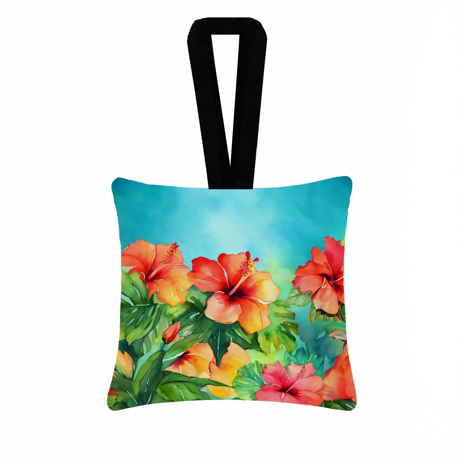 Hawaii Hawaiian Hibiscus in Watercolor Hanging Square Fabric Ornament 3.5 × 3.5 Decorative Door-Knob & Tree Hanger, Soft Fabric