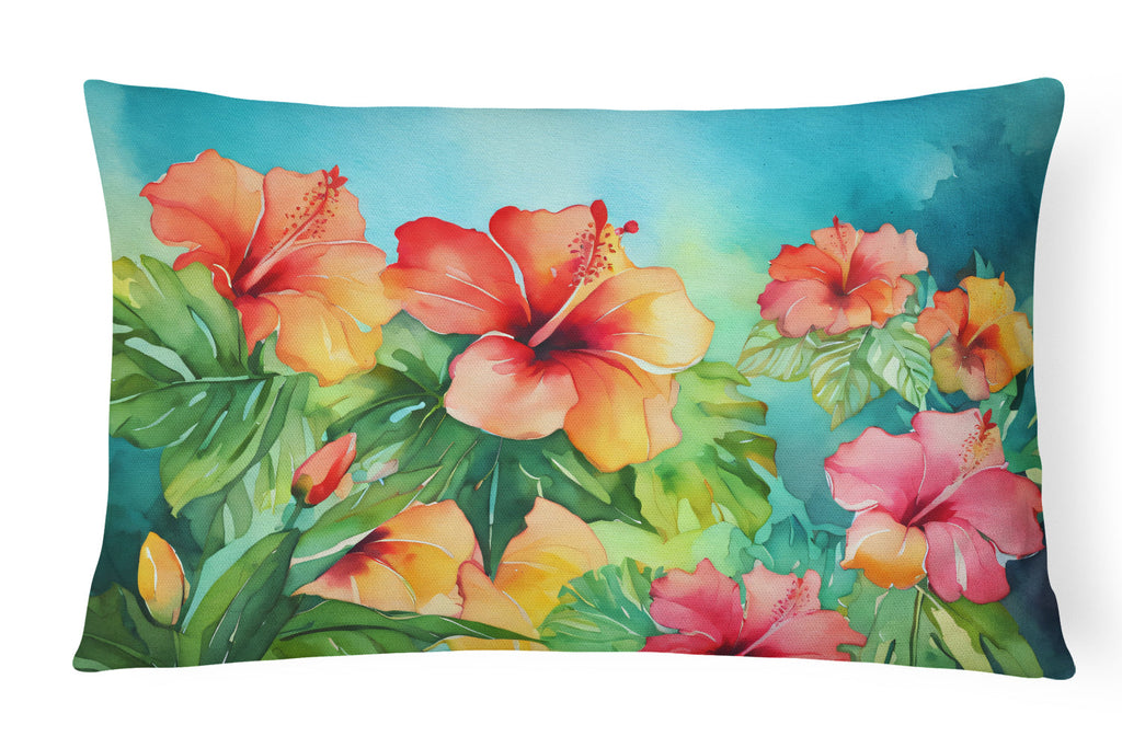 Hawaii Hawaiian Hibiscus in Watercolor Decorative Throw Pillow 12x16 Indoor Outdoor Accent Cushion, Fabric Cover with Insert for Sofa, Bed, Porch & Living Room