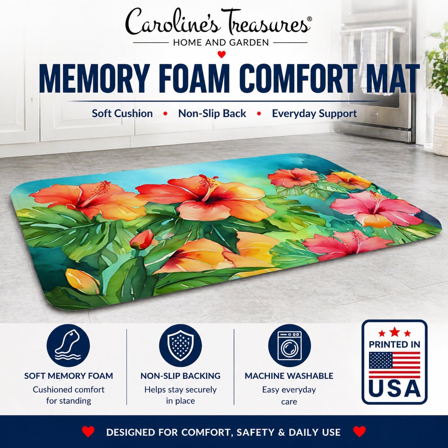 Hawaii Hawaiian Hibiscus in Watercolor Memory Foam Kitchen Mat Machine Washable Anti-Fatigue Cushion Comfort Bath or Kitchen Rug
